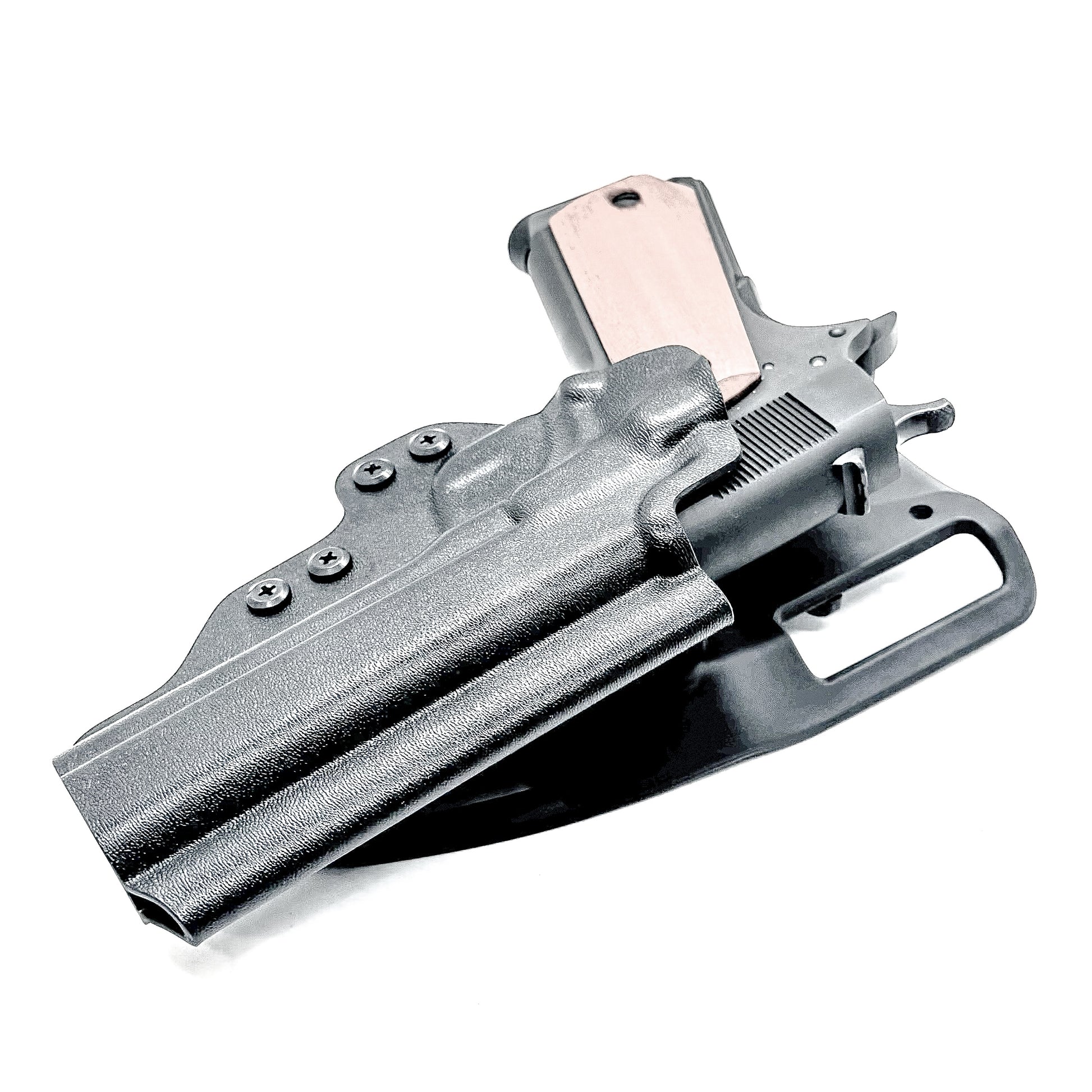 G.I. 1911 Duty & Competition OWB holster fits 5" Ruger, Kimber, S&W, Rock Island. .093" thermoplastic, adjustable retention, hanger compatible, Made in USA.