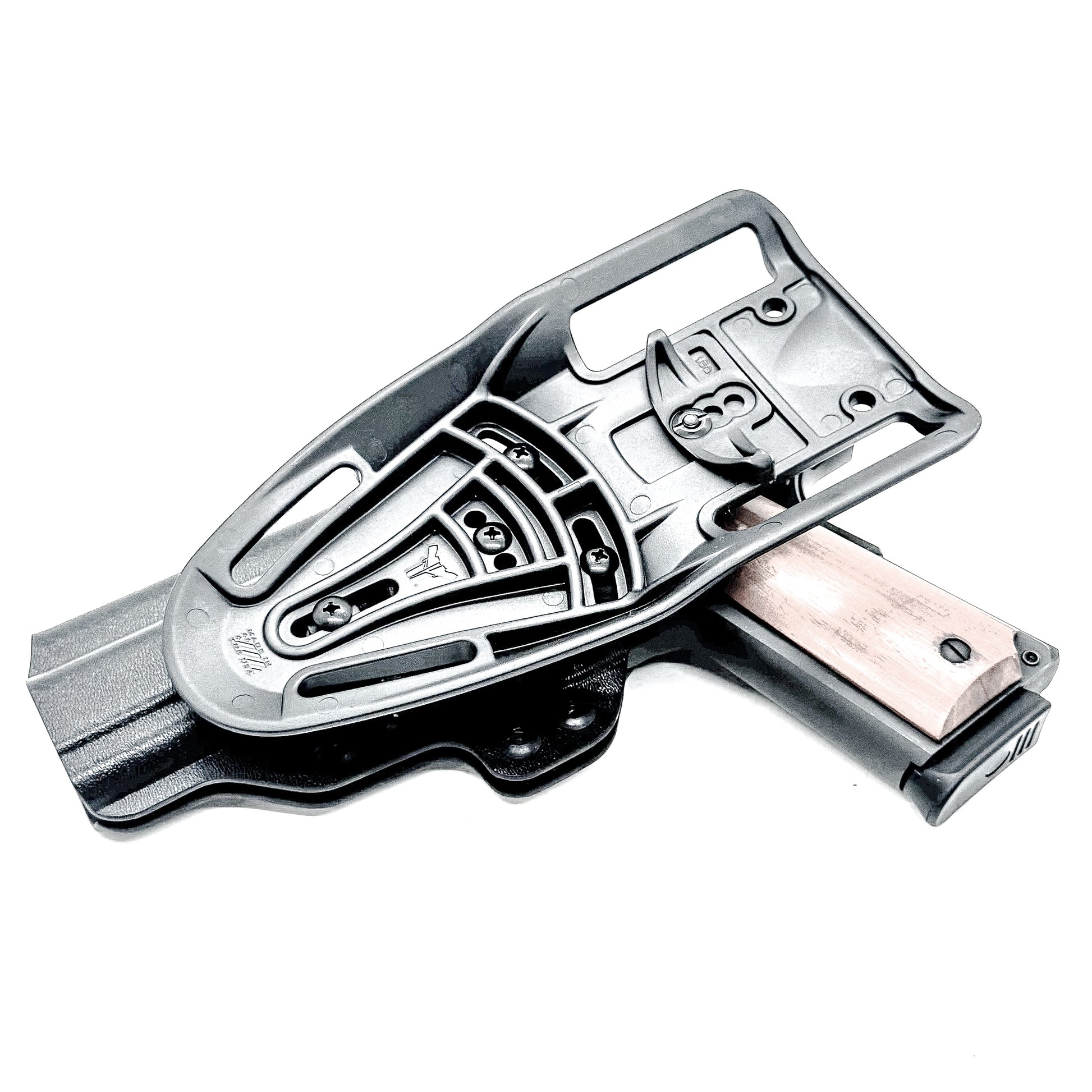 G.I. 1911 Duty & Competition OWB holster fits 5" Ruger, Kimber, S&W, Rock Island. .093" thermoplastic, adjustable retention, hanger compatible, Made in USA.