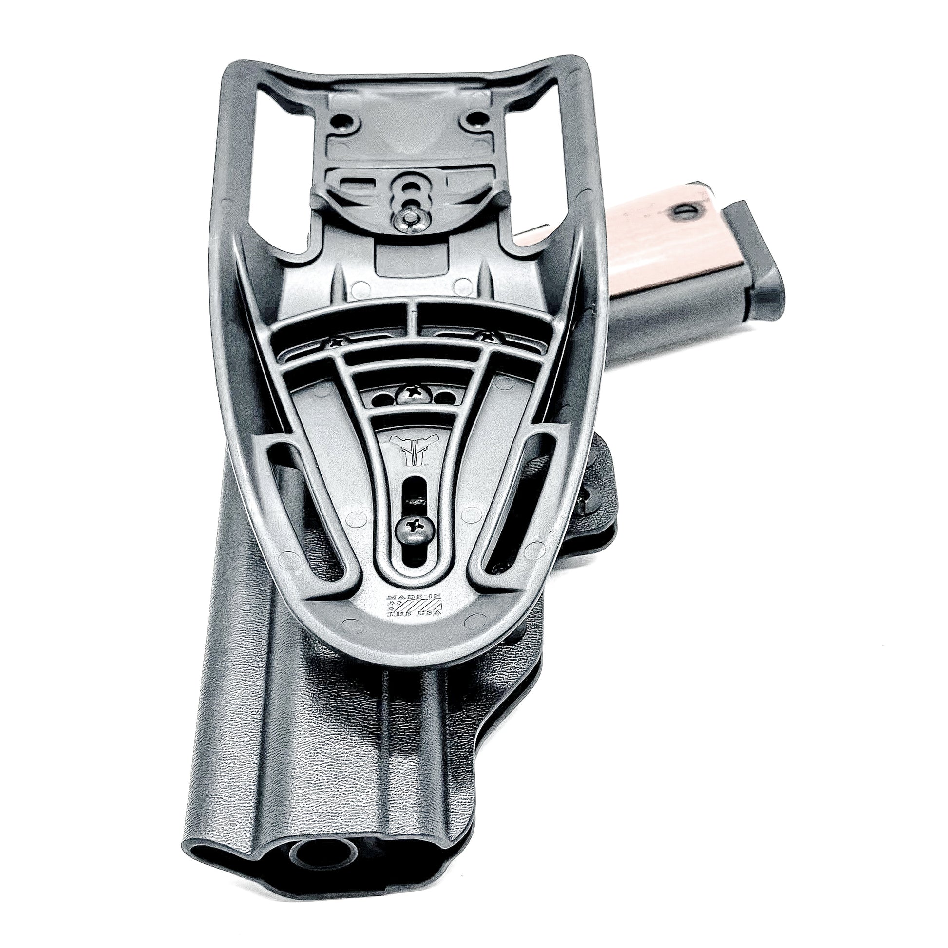 G.I. 1911 Duty & Competition OWB holster fits 5" Ruger, Kimber, S&W, Rock Island. .093" thermoplastic, adjustable retention, hanger compatible, Made in USA.