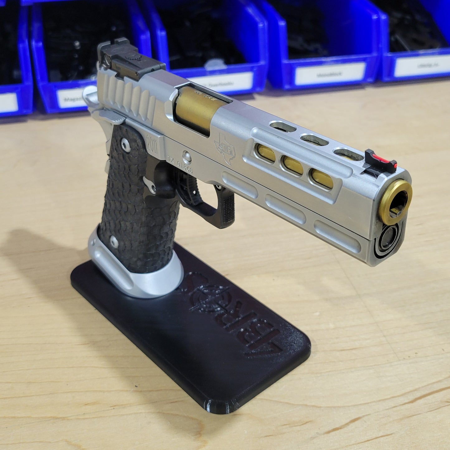 For the best 3D-printed 2011 & Springfield Prodigy Pistol Stand, perfect for storing and displaying your favorite handgun; shop Four Brothers 4BROS Holsters.