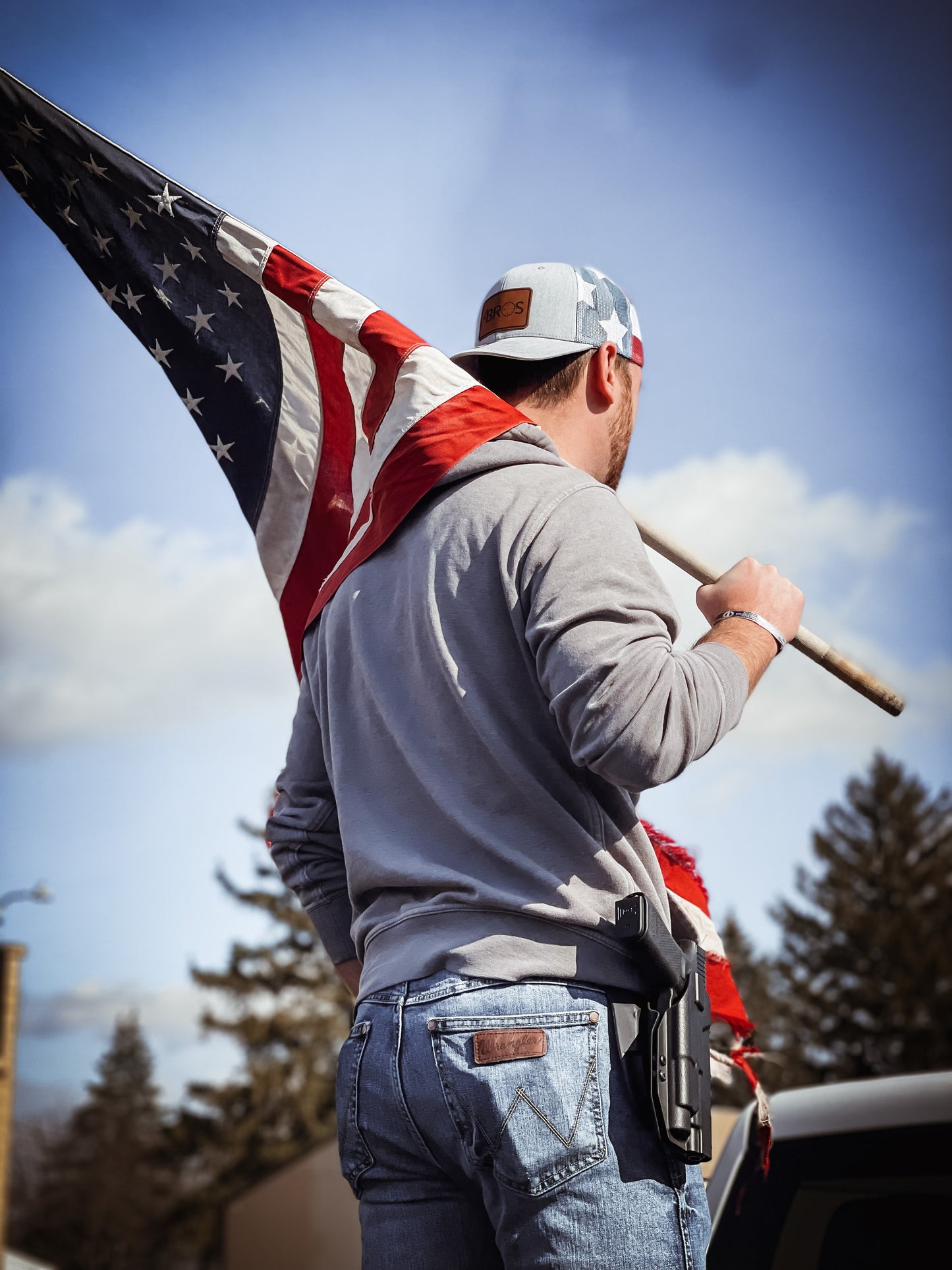The 4Bros Proud Patriot Trucker is our take on what a true American should wear! It is intended to be your everyday hat, just like our holsters. Take it with you everywhere. The more wear it has and the dirtier it gets, the better it looks. 4Bros Laser Engraved Leather Logo, Comfort fit, and Snapback closure.