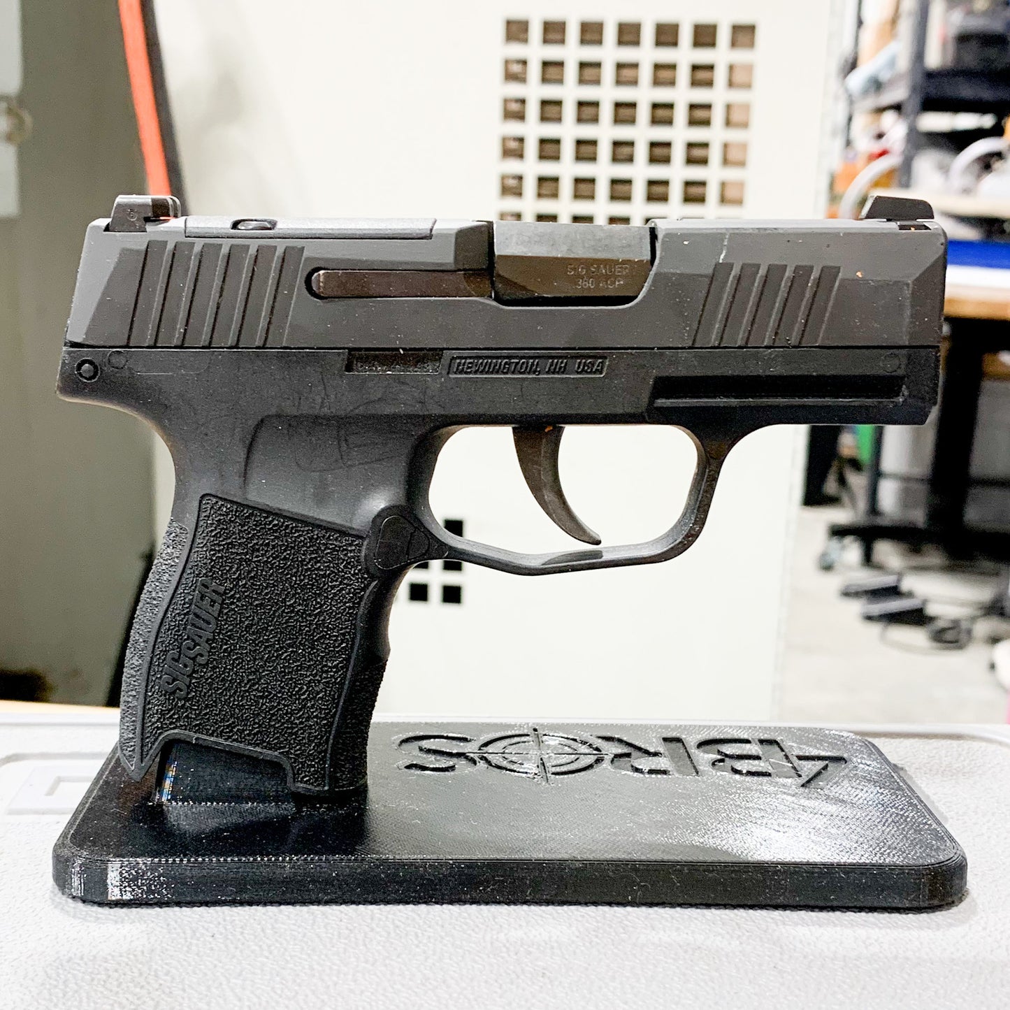 For the best 3D-printed Subcompact Pistol Stand confirmed to fit the Sig P365, P365XL, P365-XMACRO, Glock 43X & 48, Hellcat & Hellcat Pro, shop 4BROS Holsters.