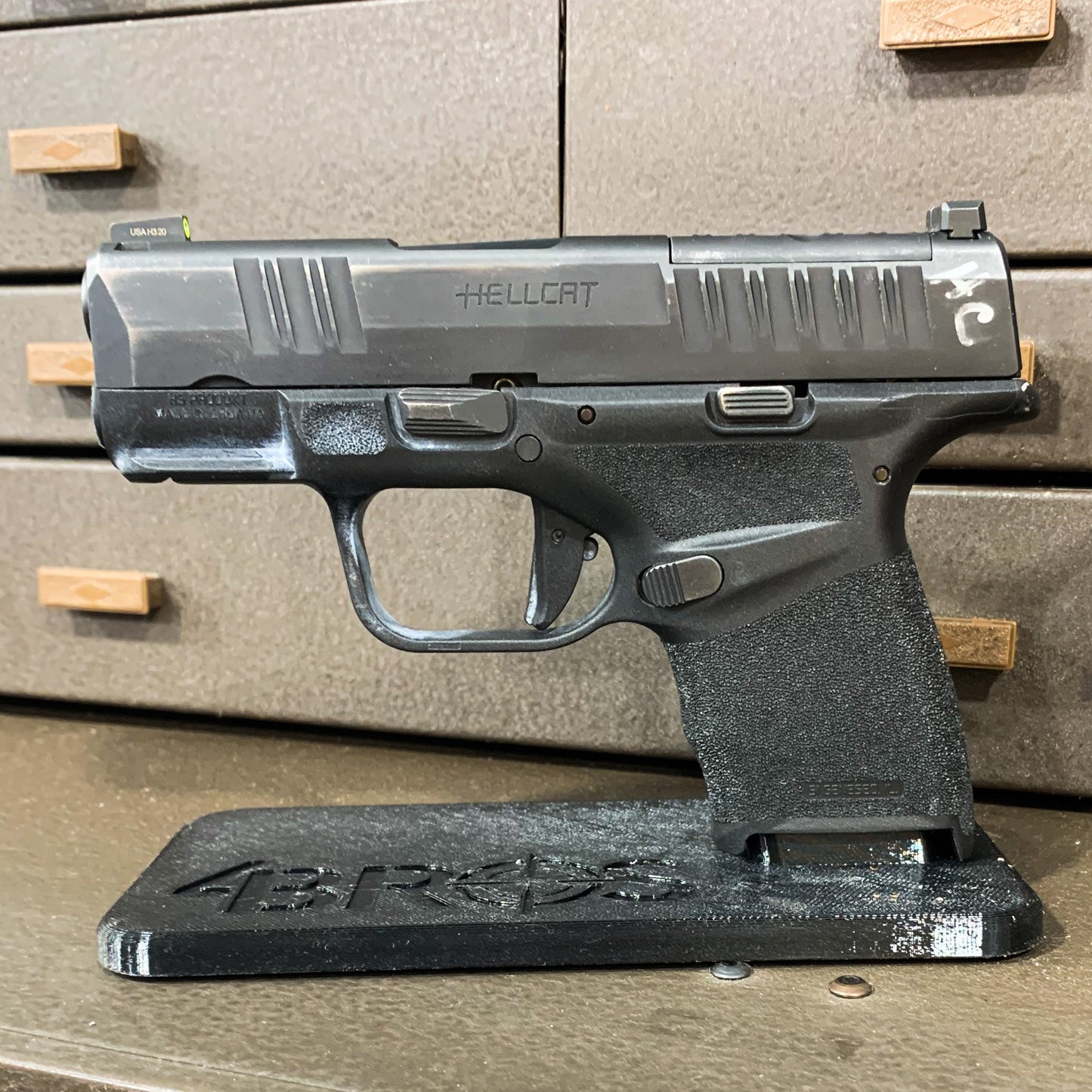 For the best 3D-printed Subcompact Pistol Stand confirmed to fit the Sig P365, P365XL, P365-XMACRO, Glock 43X & 48, Hellcat & Hellcat Pro, shop 4BROS Holsters.