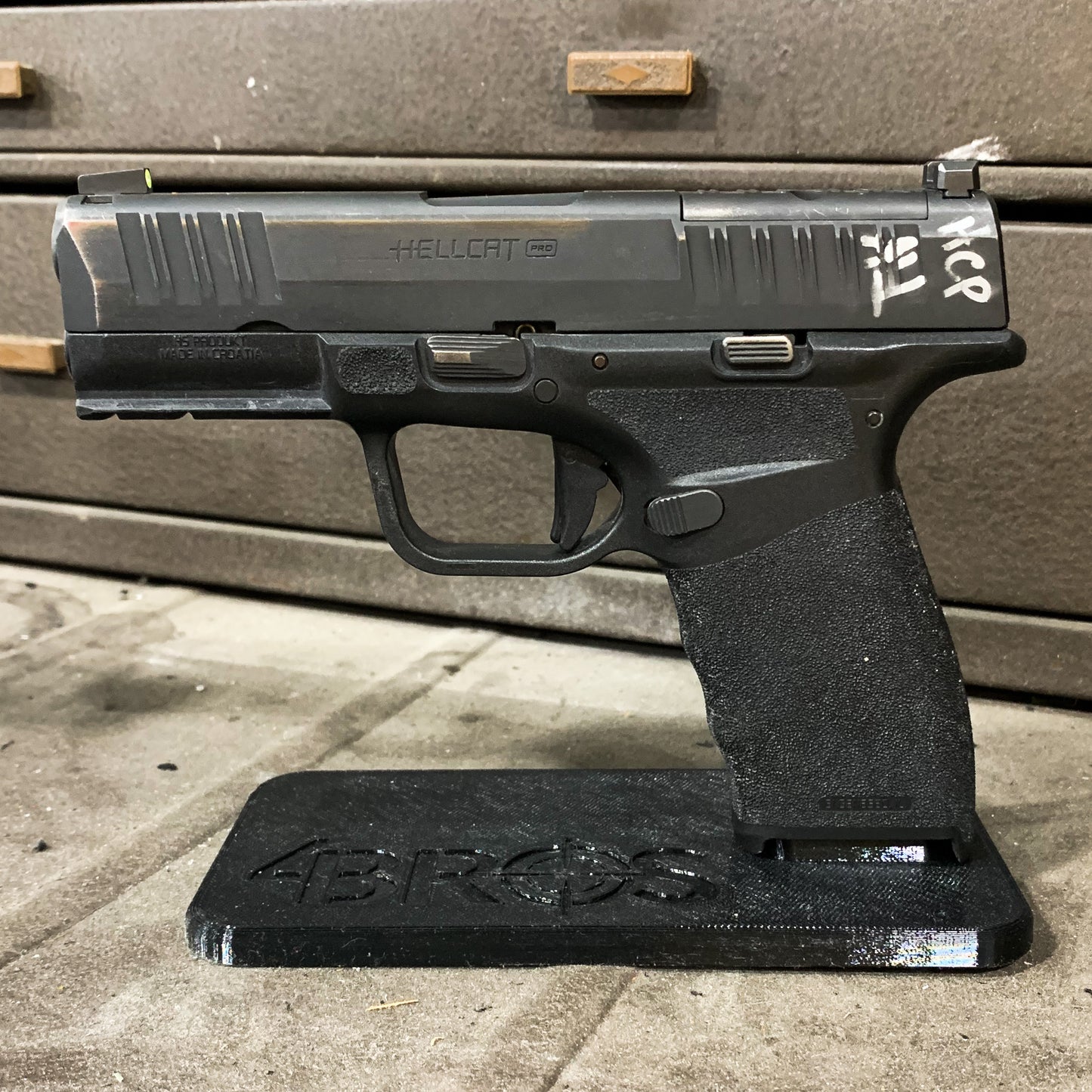 For the best 3D-printed Subcompact Pistol Stand confirmed to fit the Sig P365, P365XL, P365-XMACRO, Glock 43X & 48, Hellcat & Hellcat Pro, shop 4BROS Holsters.