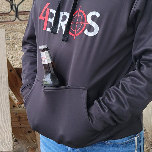 Elevate your outdoor experience in a comfortable Four Brothers 4BROS Tailgate Hoodie with a built-in Neoprene beverage holder! 100% Spun Polyester Knit Fleece
