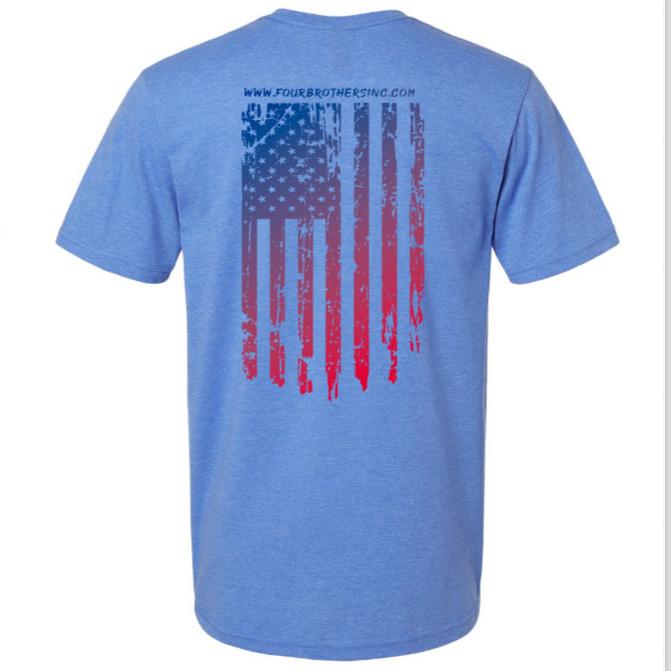 For a great way to show USA patriotism, wear a Worn Flag Patriotic Shirt from Four Brothers 4BROS Holsters. In-stock shirts will ship in 24 to 48 hours.