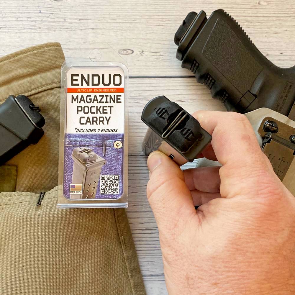 The Ulticlip Enduo allows you to carry a spare magazine safely in your pocket without additional equipment. Available from Four Brothers 4BROS Holsters.