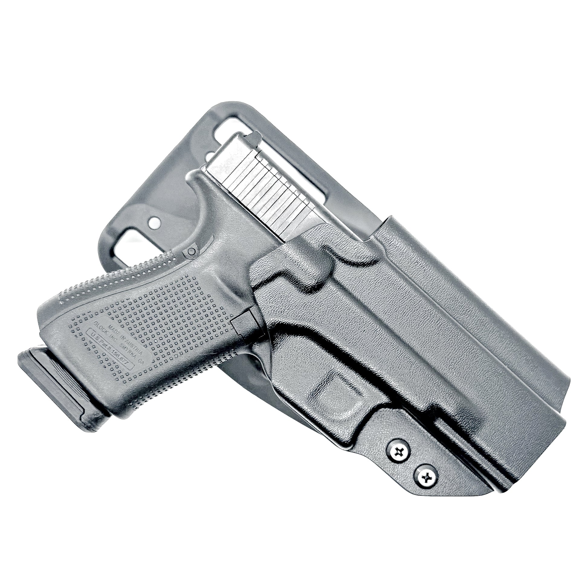 Glock 19 OWB Duty & Competition Holster with red dot cut, open muzzle, and adjustable retention – made in the USA from .093" Kydex