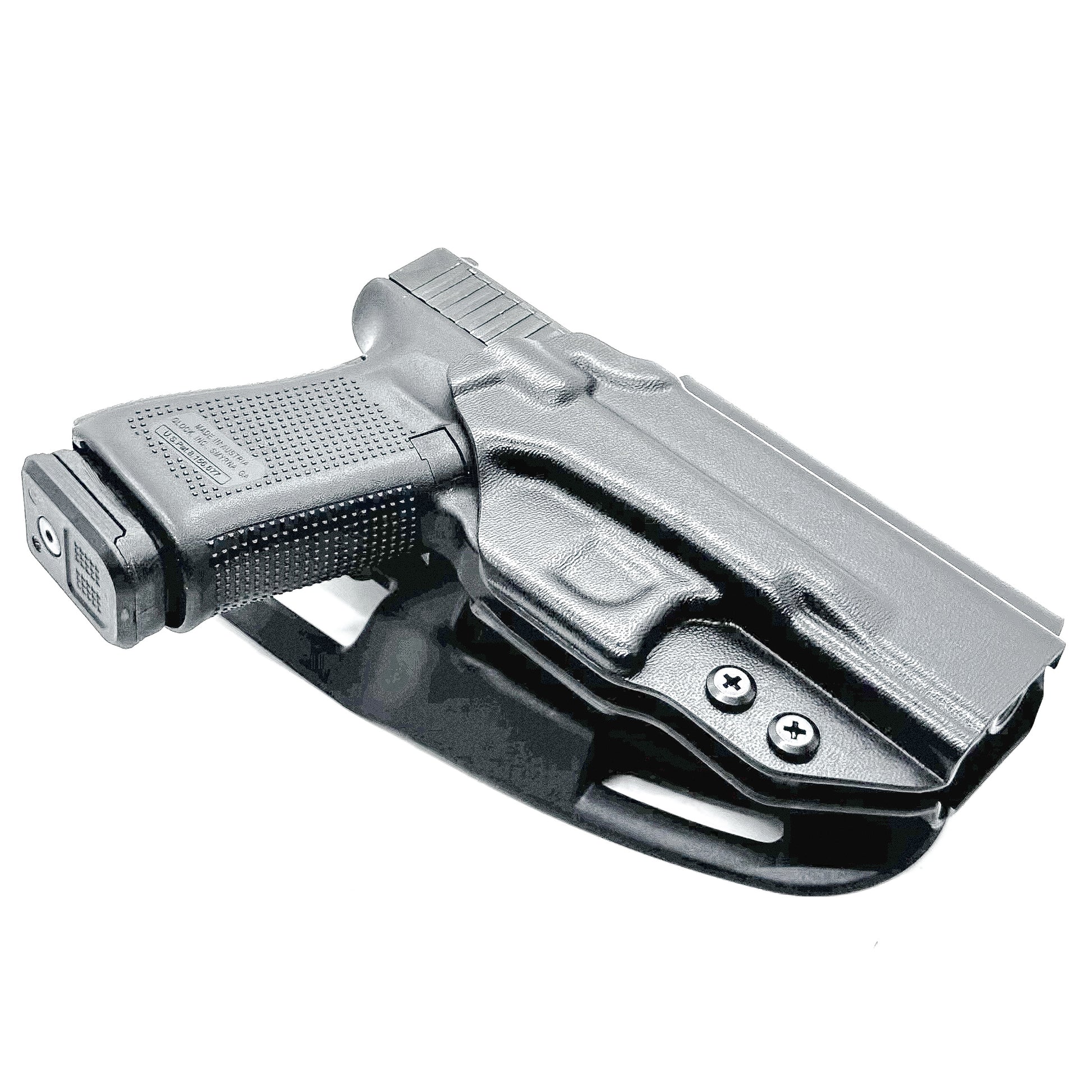 Glock 19 OWB Duty & Competition Holster with red dot cut, open muzzle, and adjustable retention – made in the USA from .093" Kydex