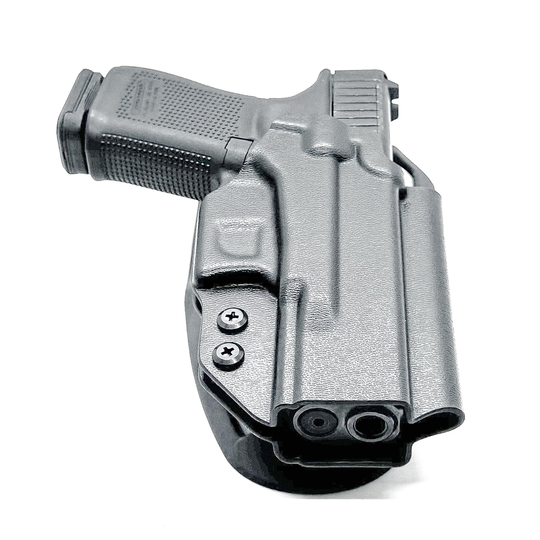 Glock 19 OWB Duty & Competition Holster with red dot cut, open muzzle, and adjustable retention – made in the USA from .093" Kydex