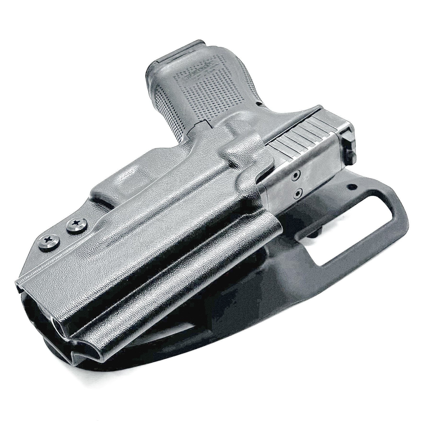 Glock 19 OWB Duty & Competition Holster with red dot cut, open muzzle, and adjustable retention – made in the USA from .093" Kydex