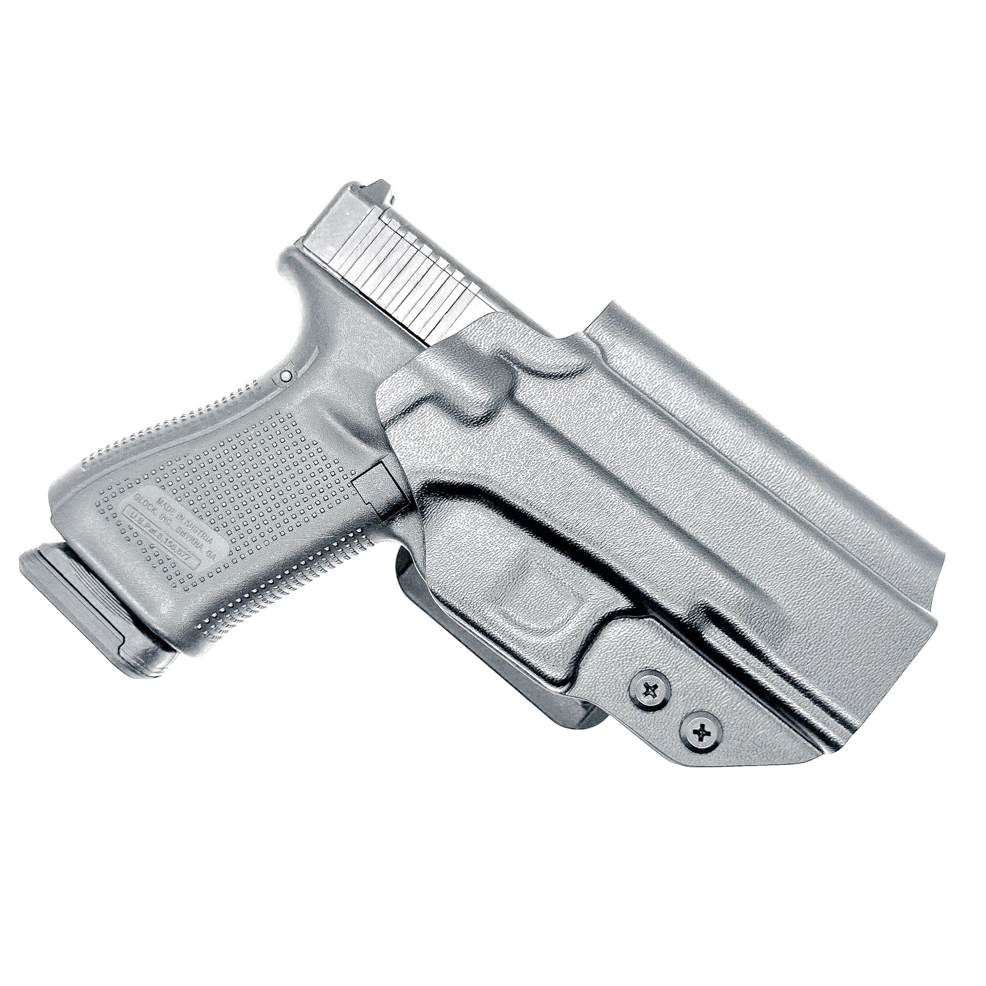 OWB Kydex holster for Glock 19, 19X, 45, and MOS models with open muzzle, red dot cut, and adjustable retention – made in the USA from .093" thermoplastic