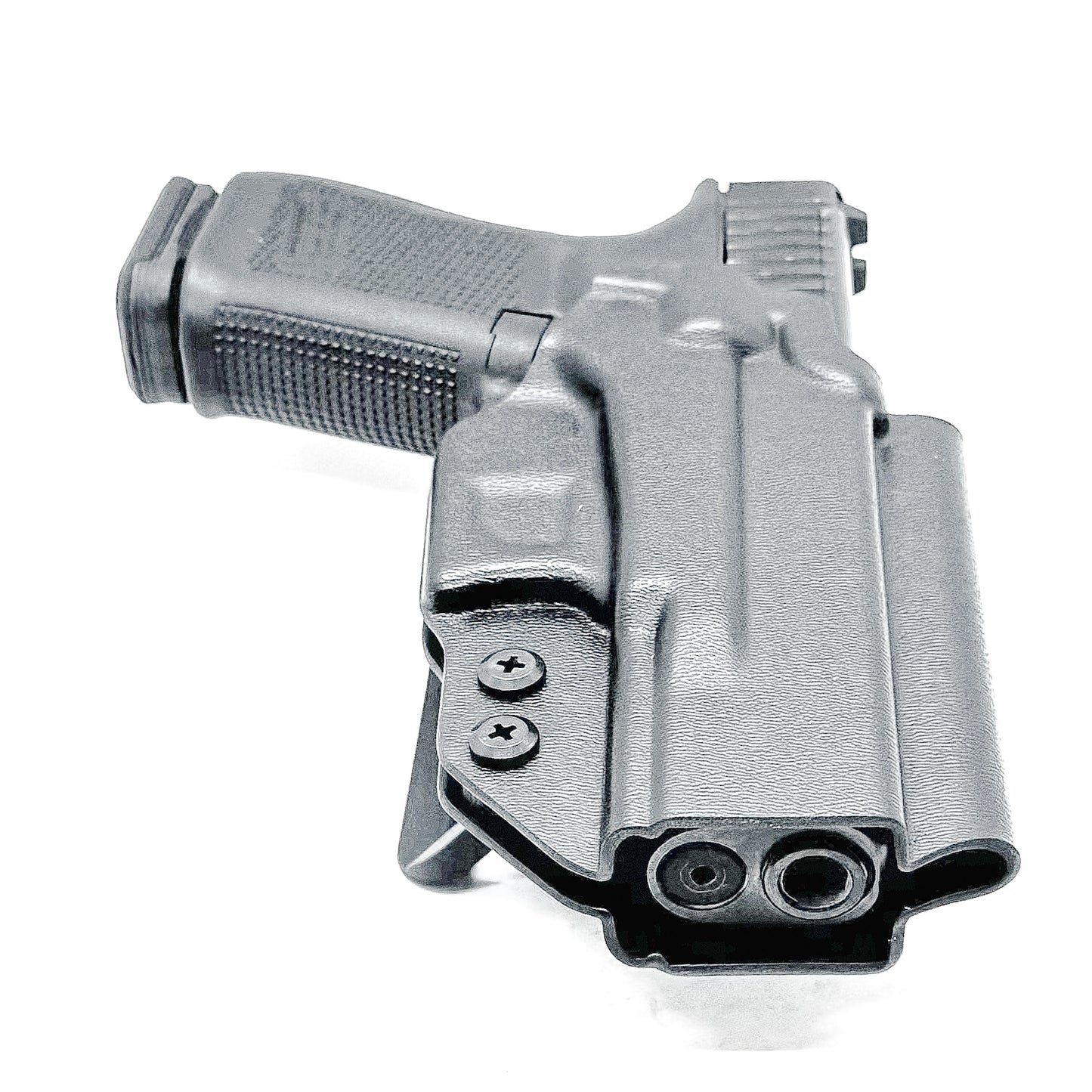 OWB Kydex holster for Glock 19, 19X, 45, and MOS models with open muzzle, red dot cut, and adjustable retention – made in the USA from .093" thermoplastic