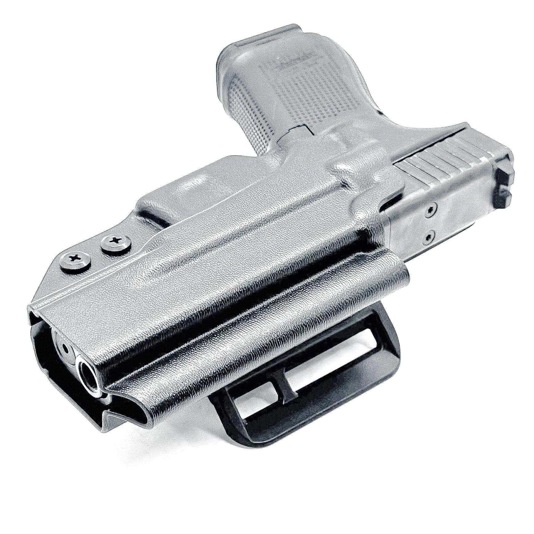 OWB Kydex holster for Glock 19, 19X, 45, and MOS models with open muzzle, red dot cut, and adjustable retention – made in the USA from .093" thermoplastic