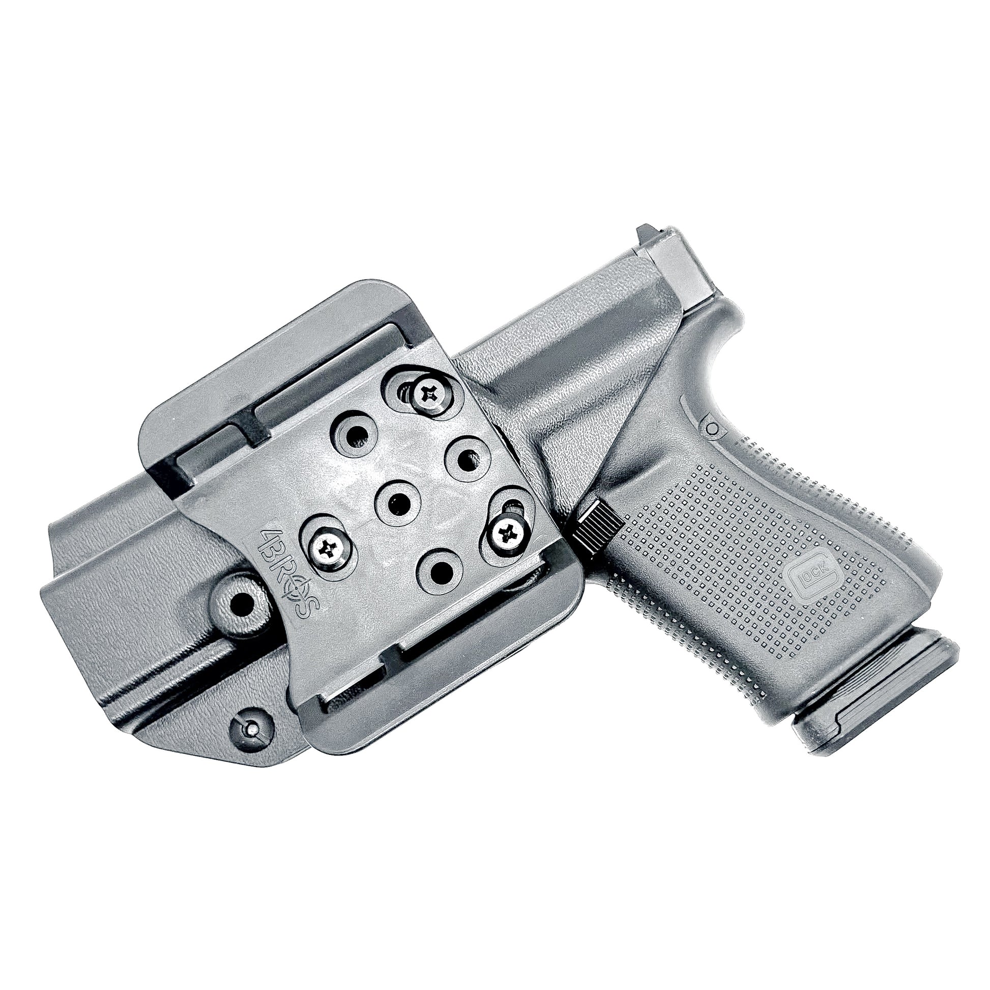 OWB Kydex holster for Glock 19, 19X, 45, and MOS models with open muzzle, red dot cut, and adjustable retention – made in the USA from .093" thermoplastic