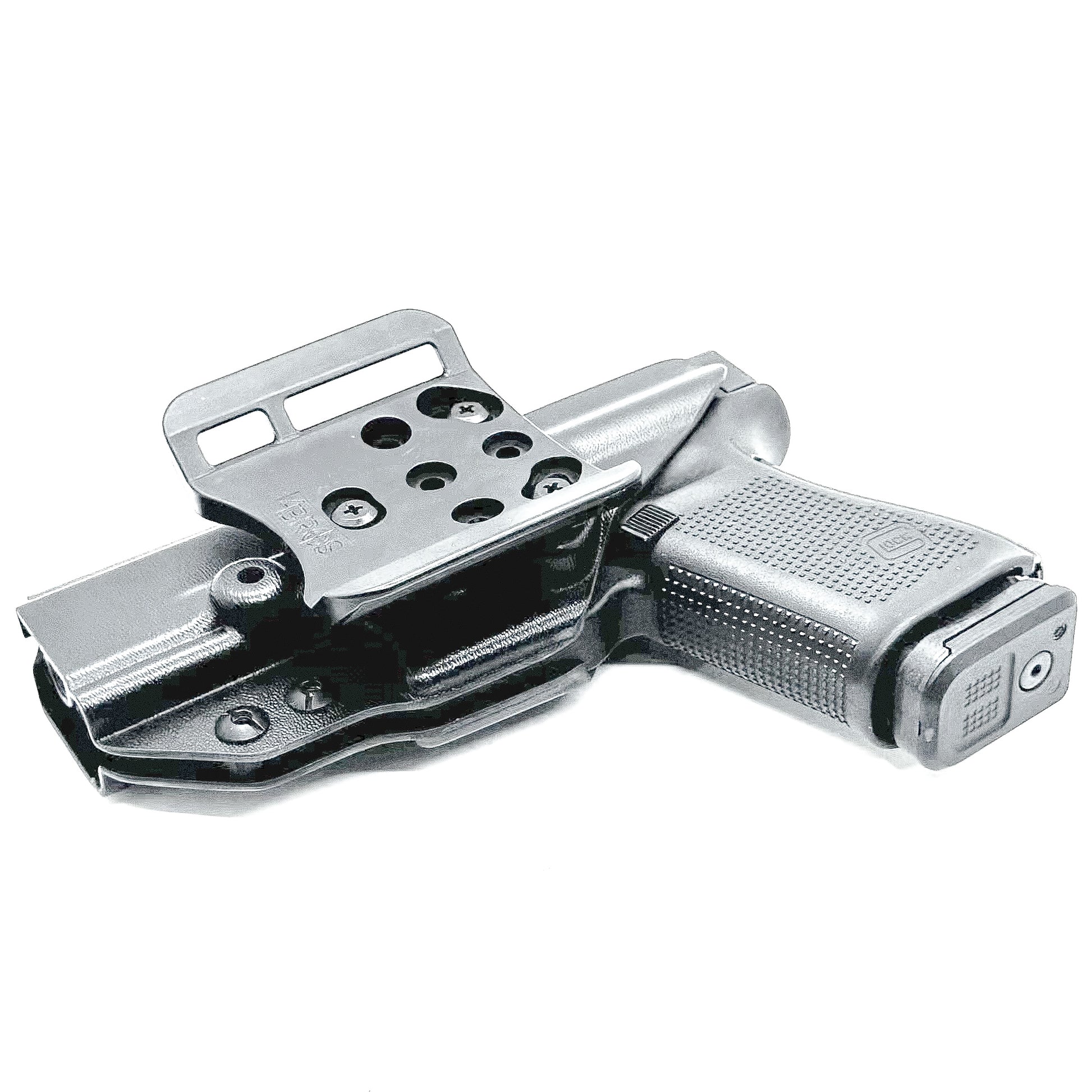 OWB Kydex holster for Glock 19, 19X, 45, and MOS models with open muzzle, red dot cut, and adjustable retention – made in the USA from .093" thermoplastic