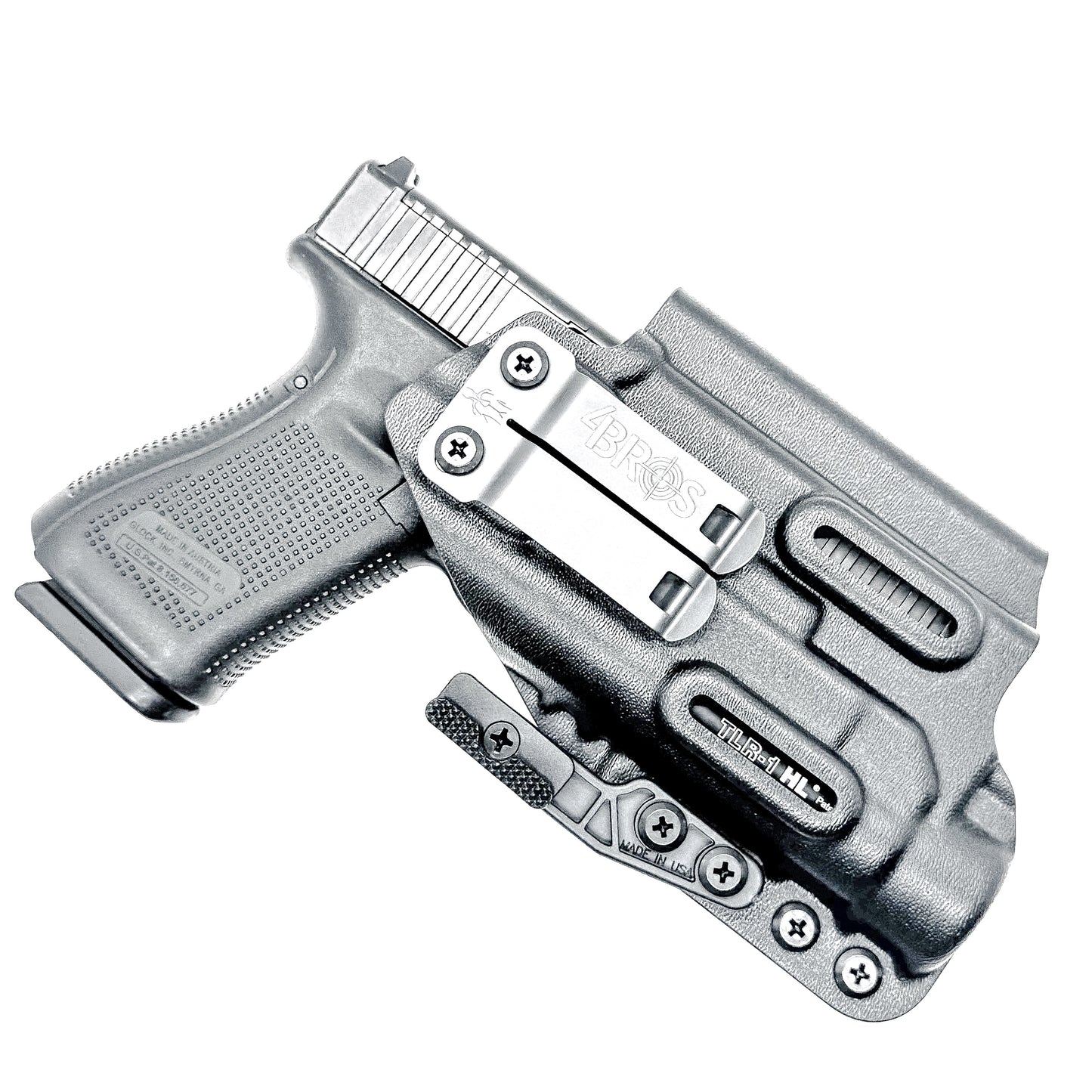 For the best IWB Kydex Inside Waistband for the Glock 19, 19X, and 45 Gen 5 pistols & Streamlight TLR-1 HL weapon-mounted light shop Four Brothers Holsters.
