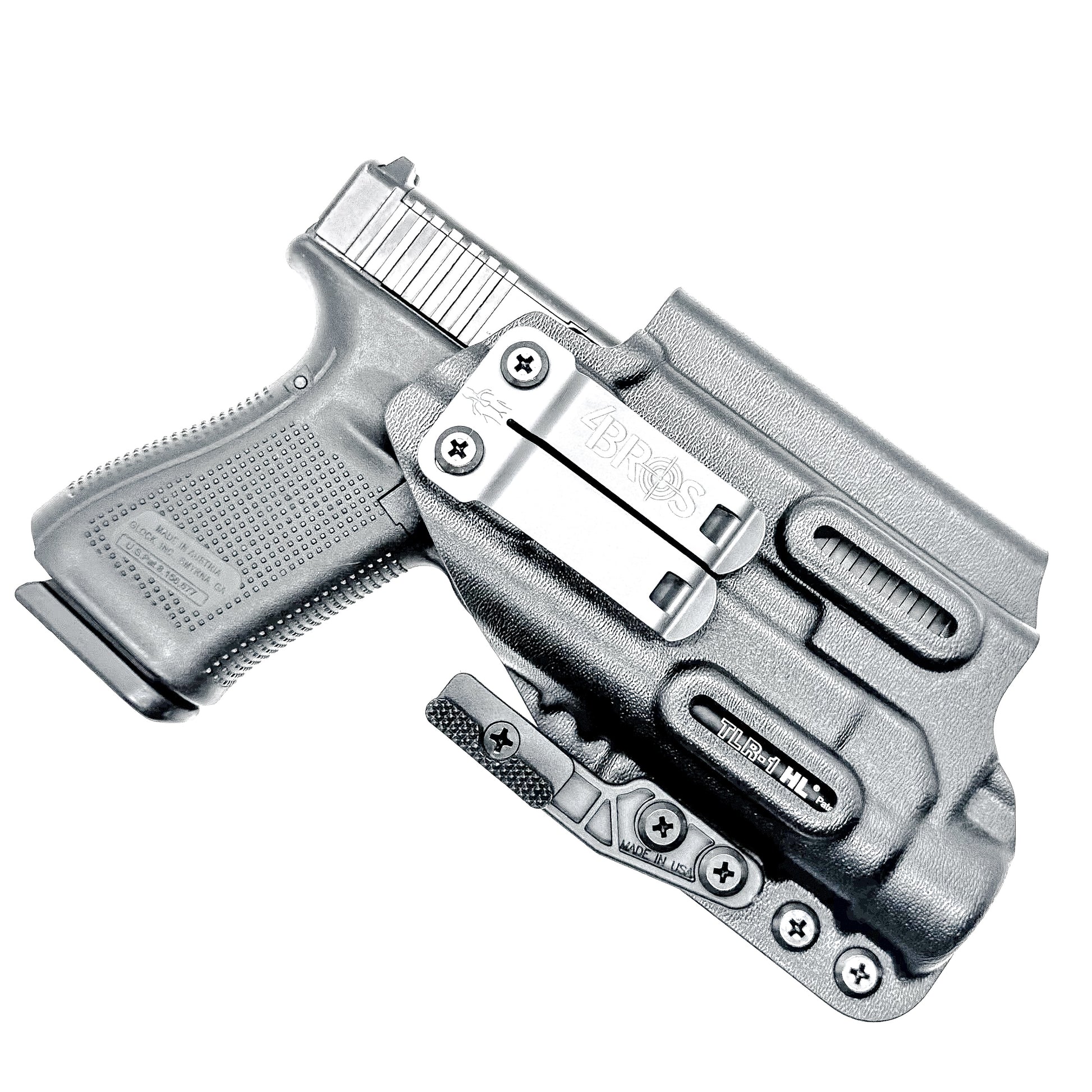 For the best IWB Kydex Inside Waistband for the Glock 19, 19X, and 45 Gen 5 pistols & Streamlight TLR-1 HL weapon-mounted light shop Four Brothers Holsters.