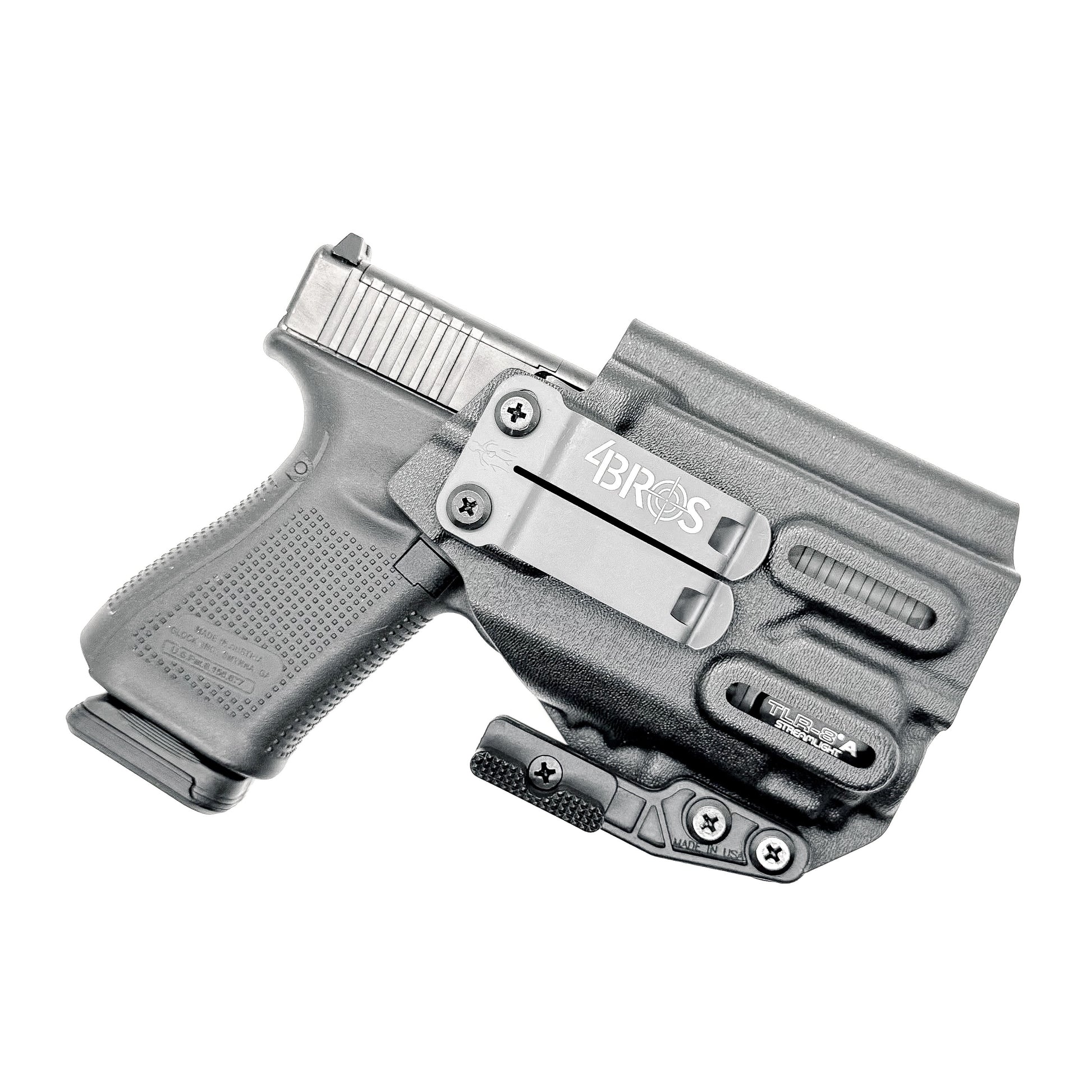 For the best Inside Waistband Kydex Holster for the Glock 19 & Streamlight TLR-8 A, shop Four Brothers Holsters. 4BROS IWB Holsters are made in the USA!