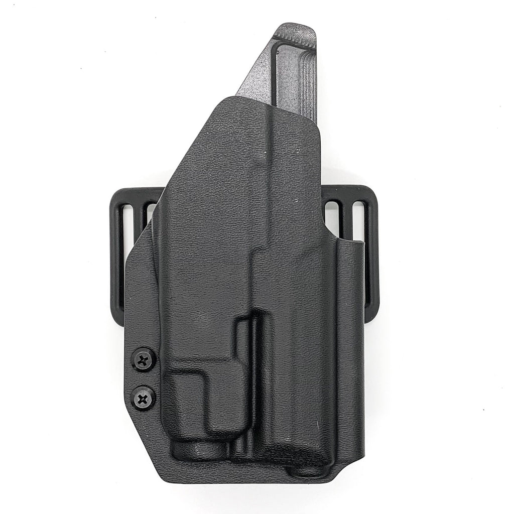 Outside Waistband Holster designed to fit the Heckler & Koch H&K VP9 or VP9SK pistol with Streamlight TLR-7 or TLR-7A weapon mounted light. Full Sweat guard, profile cut to allow red dot sights, adjustable retention, minimal material and smooth edges to reduce printing. Proudly made in the USA.