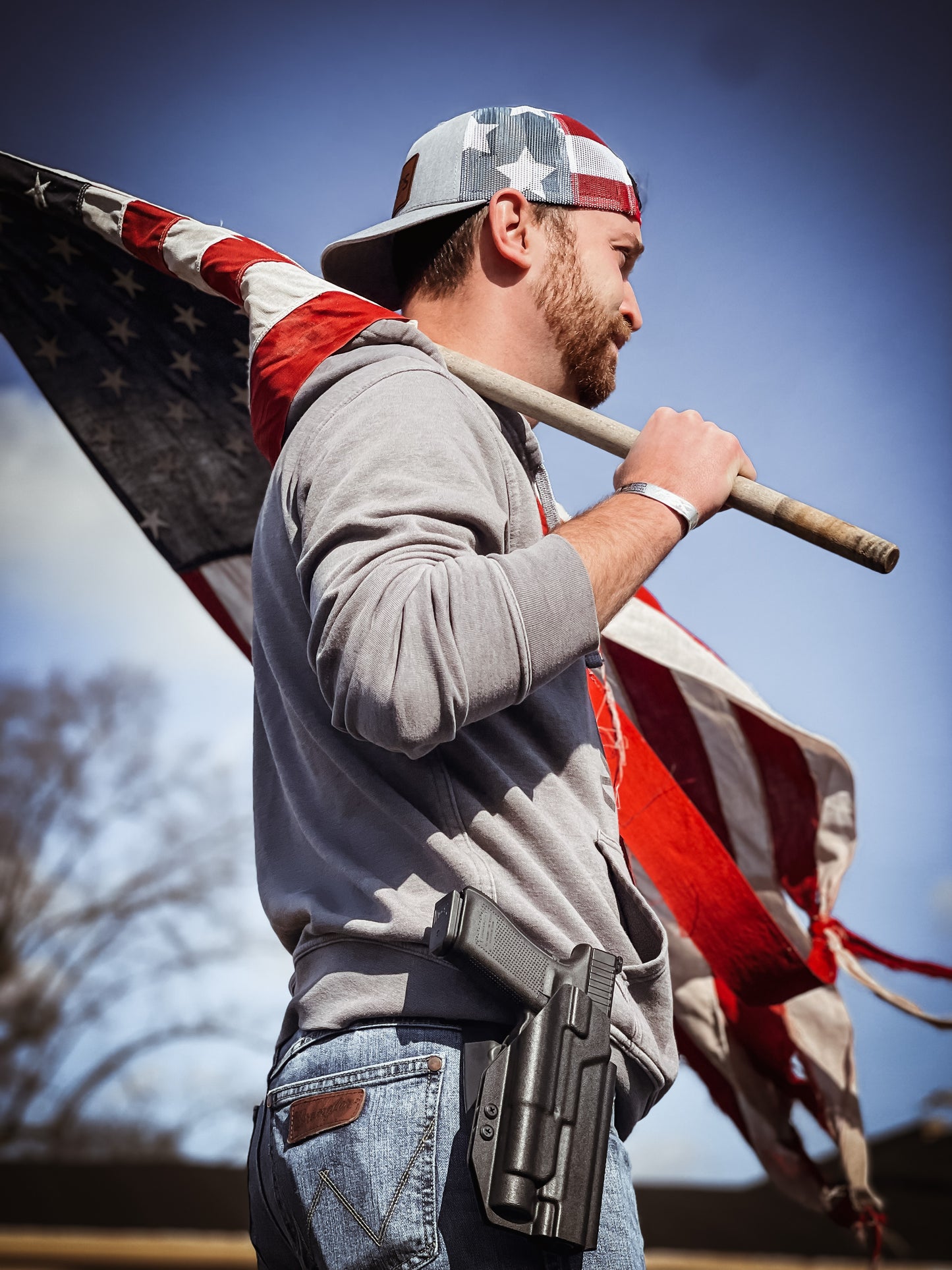 The 4Bros Proud Patriot Trucker is our take on what a true American should wear! It is intended to be your everyday hat, just like our holsters. Take it with you everywhere. The more wear it has and the dirtier it gets, the better it looks. 4Bros Laser Engraved Leather Logo, Comfort fit, and Snapback closure.