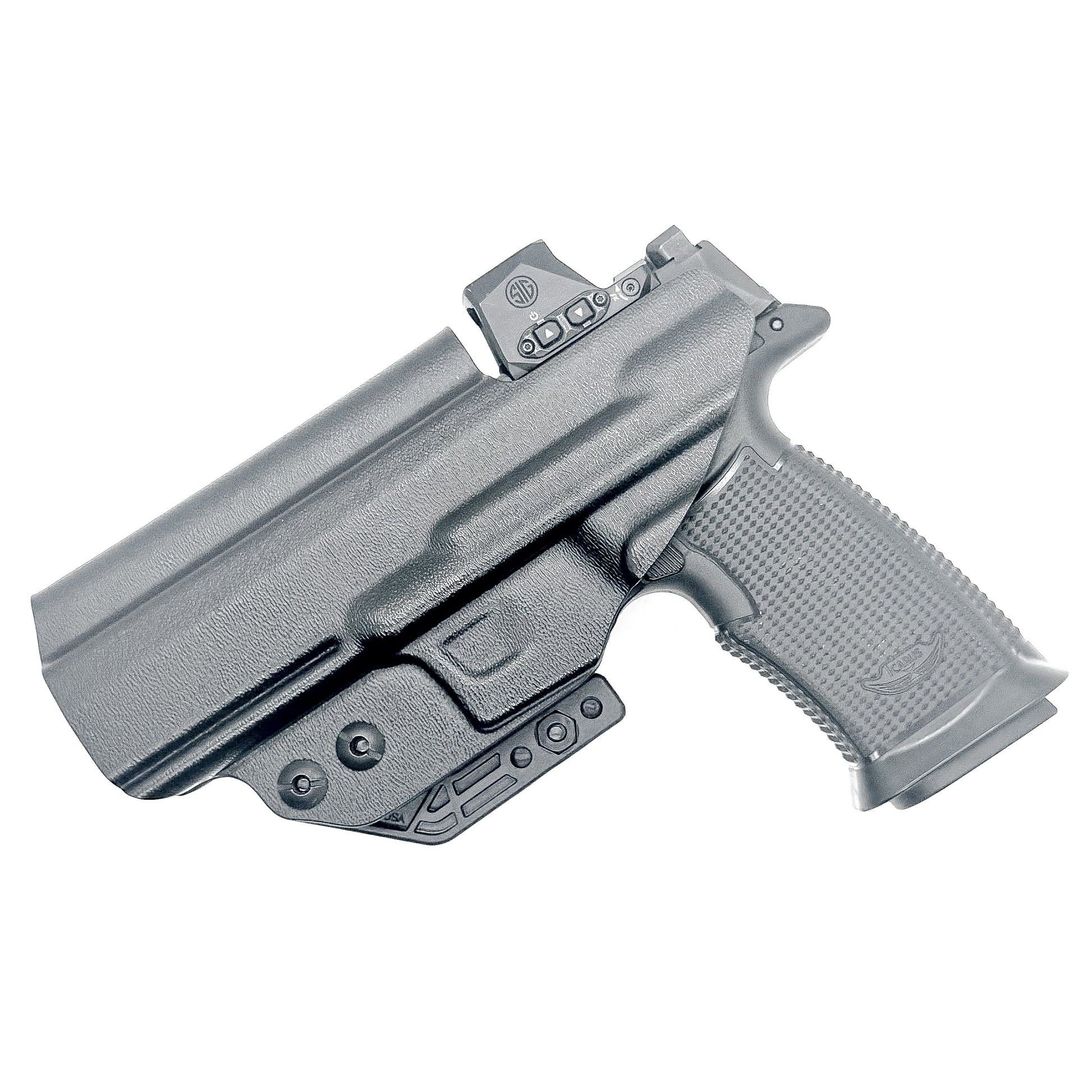 Black  Inside waistband holster built for the Icarus Precision AIR Polymer XMACRO Grip Module. Red dot ready, Enigma compatible, and precision fit for Sig P365 slides