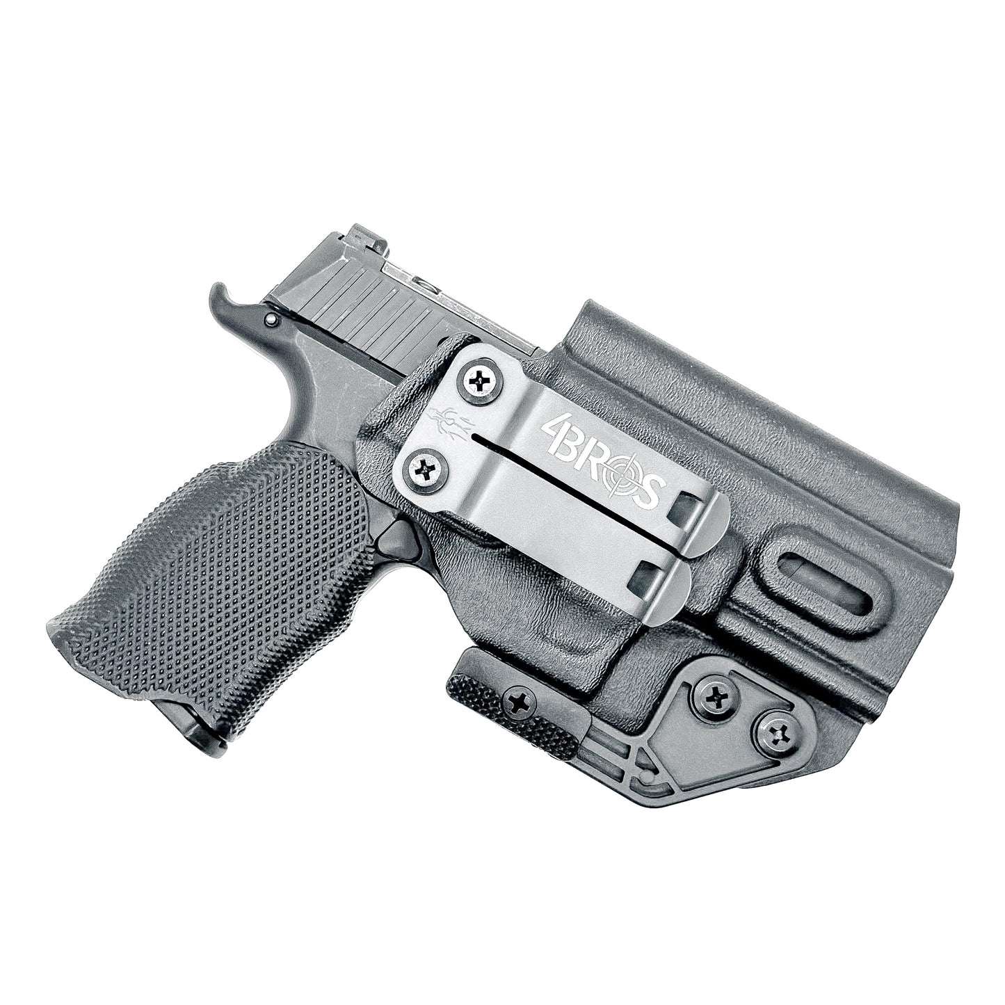 Black Sig Sauer P365-XMACRO, P365XL or P365 slide and Icarus Precision A.C.E. 365 X MACRO or 365 XL EVO Grip Module IWB Holster from Four Brothers.