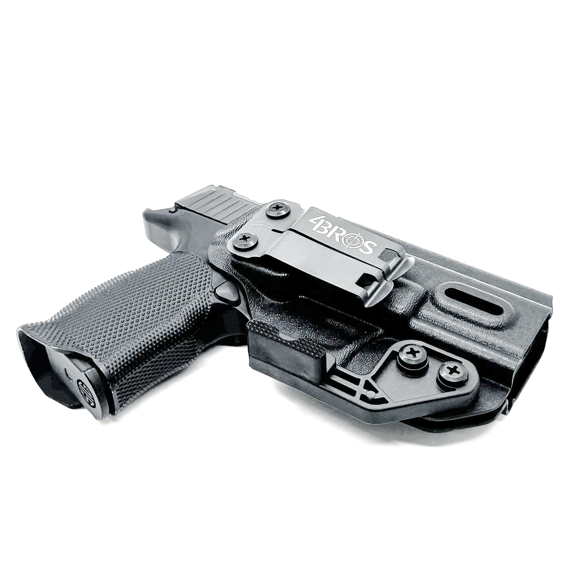 Black Sig Sauer P365-XMACRO, P365XL or P365 slide and Icarus Precision A.C.E. 365 X MACRO or 365 XL EVO Grip Module IWB Holster from Four Brothers.
