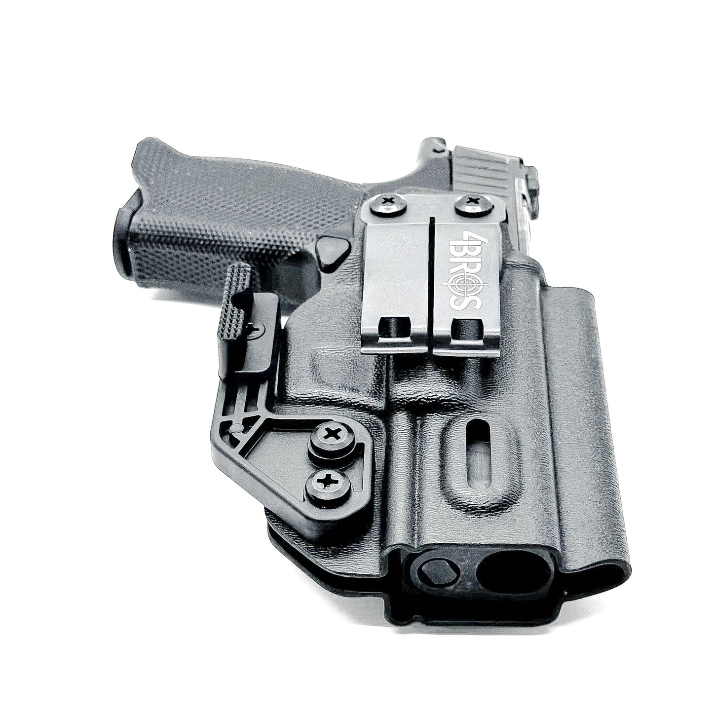 Black Sig Sauer P365-XMACRO, P365XL or P365 slide and Icarus Precision A.C.E. 365 X MACRO or 365 XL EVO Grip Module IWB Holster from Four Brothers.
