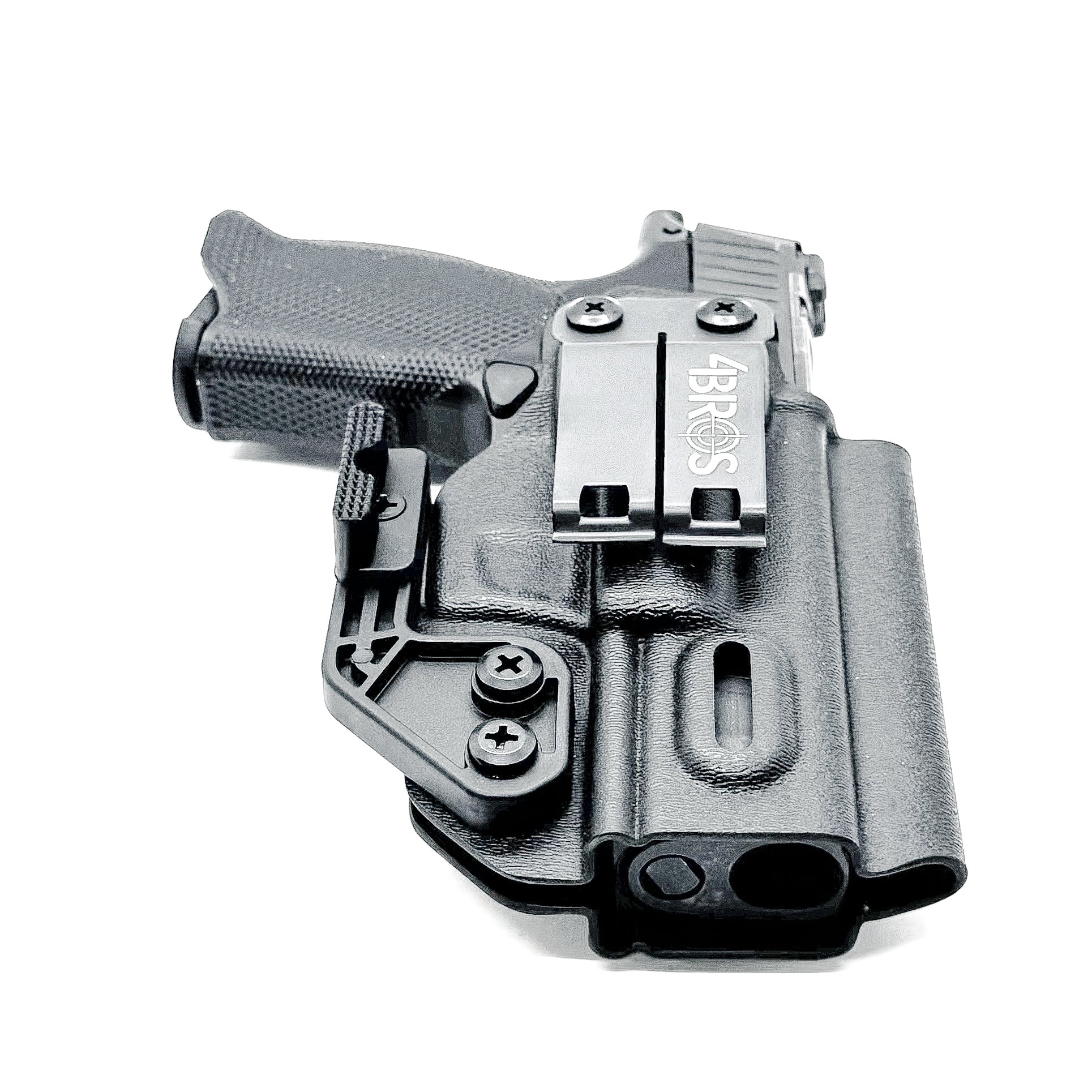 Black Sig Sauer P365-XMACRO, P365XL or P365 slide and Icarus Precision A.C.E. 365 X MACRO or 365 XL EVO Grip Module IWB Holster from Four Brothers.