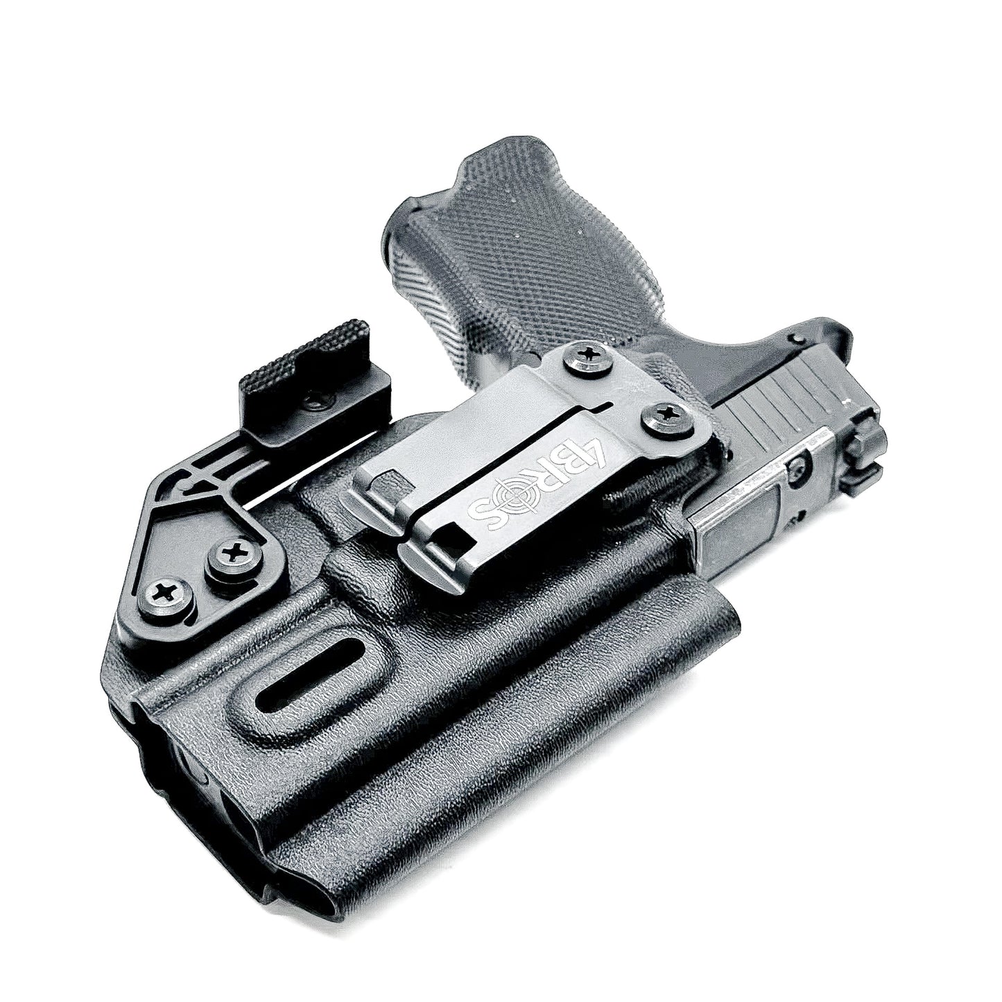 Black Sig Sauer P365-XMACRO, P365XL or P365 slide and Icarus Precision A.C.E. 365 X MACRO or 365 XL EVO Grip Module IWB Holster from Four Brothers.