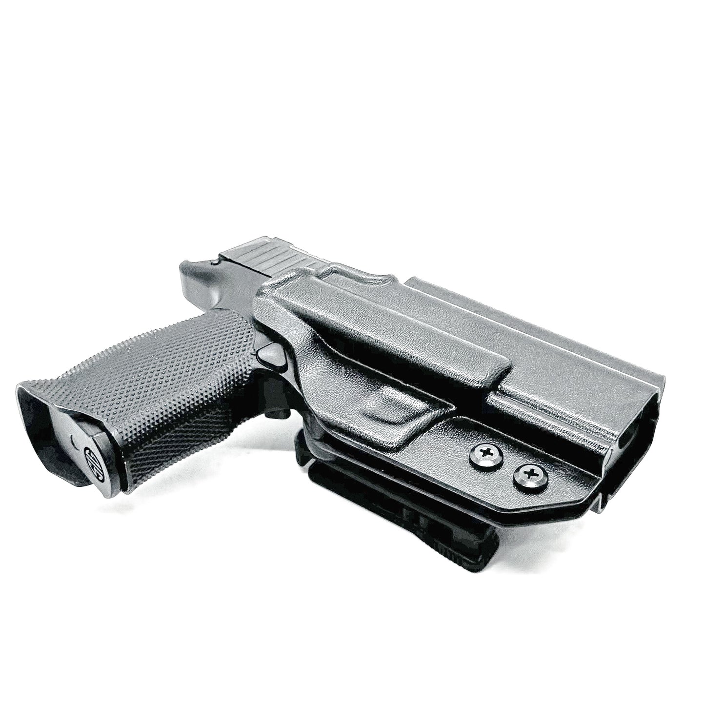Black Sig Sauer P365-XMACRO, P365XL or P365 slide and Icarus Precision A.C.E. 365 X MACRO or 365 XL EVO Grip Module OWB Holster from Four Brothers.