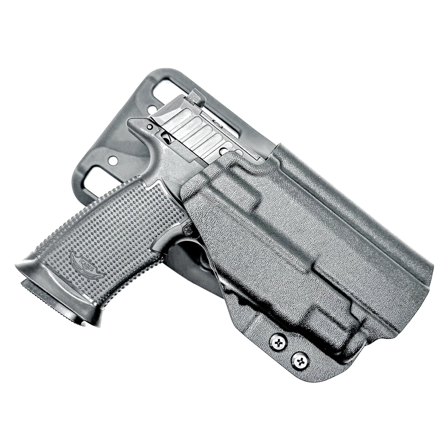 Black competition holster for the Icarus AIR Polymer P365-Fuse & Streamlight TLR-7 Sub light with Duty Drop attachment.