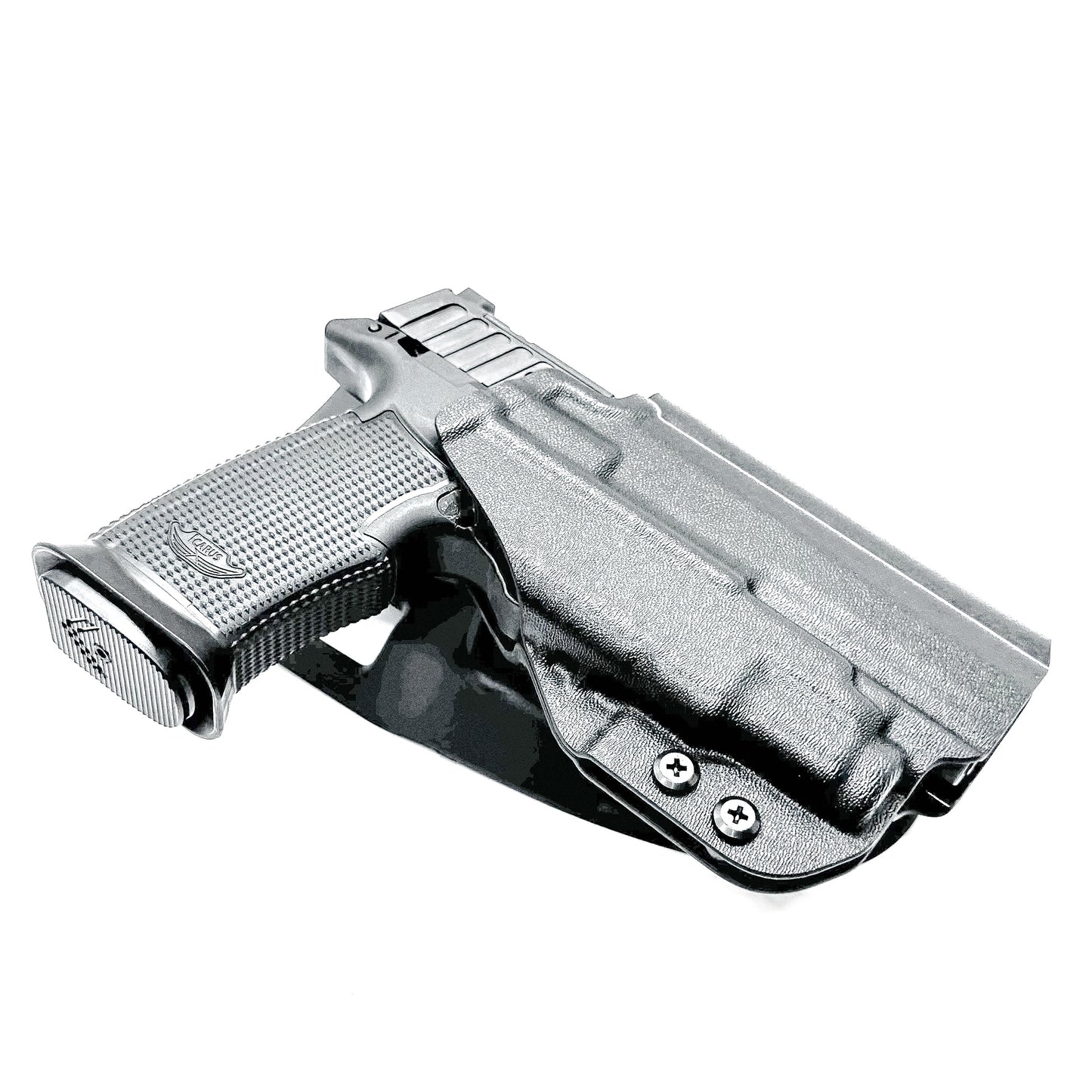 Black competition holster for the Icarus AIR Polymer P365-Fuse & Streamlight TLR-7 Sub light with Duty Drop attachment.