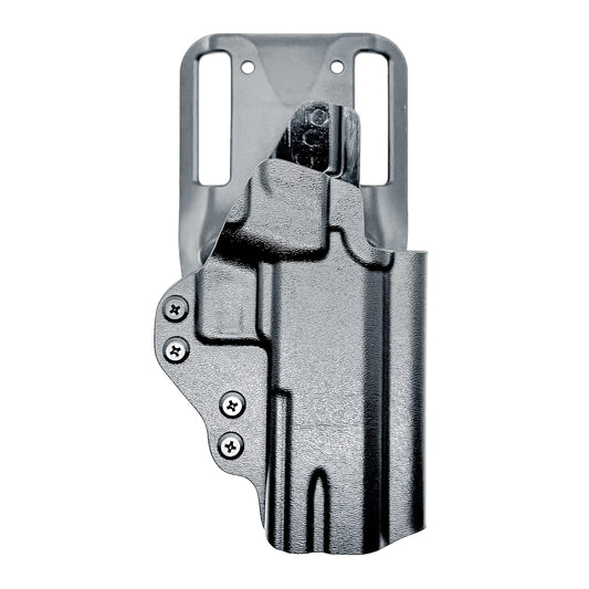 Black OWB holster for Jacob Grey TWC HEX 2011 pistol, designed for light duty and competition use with optic cut, open muzzle, and adjustable cant.