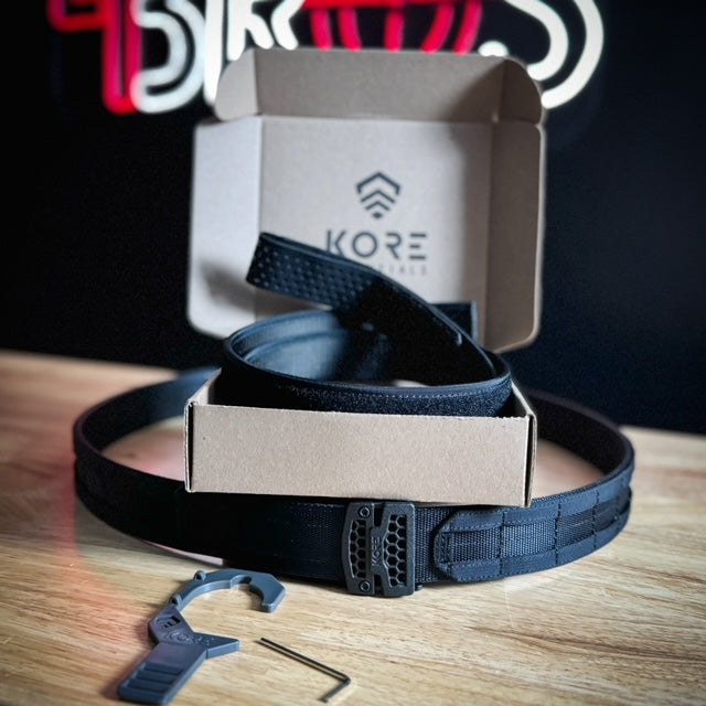 For the best range, tactical or duty belt made, shop Four Brothers 4BROS Holsters for the Kore Essentials Micro Adjustable B1 Battle Belt dual belt system.