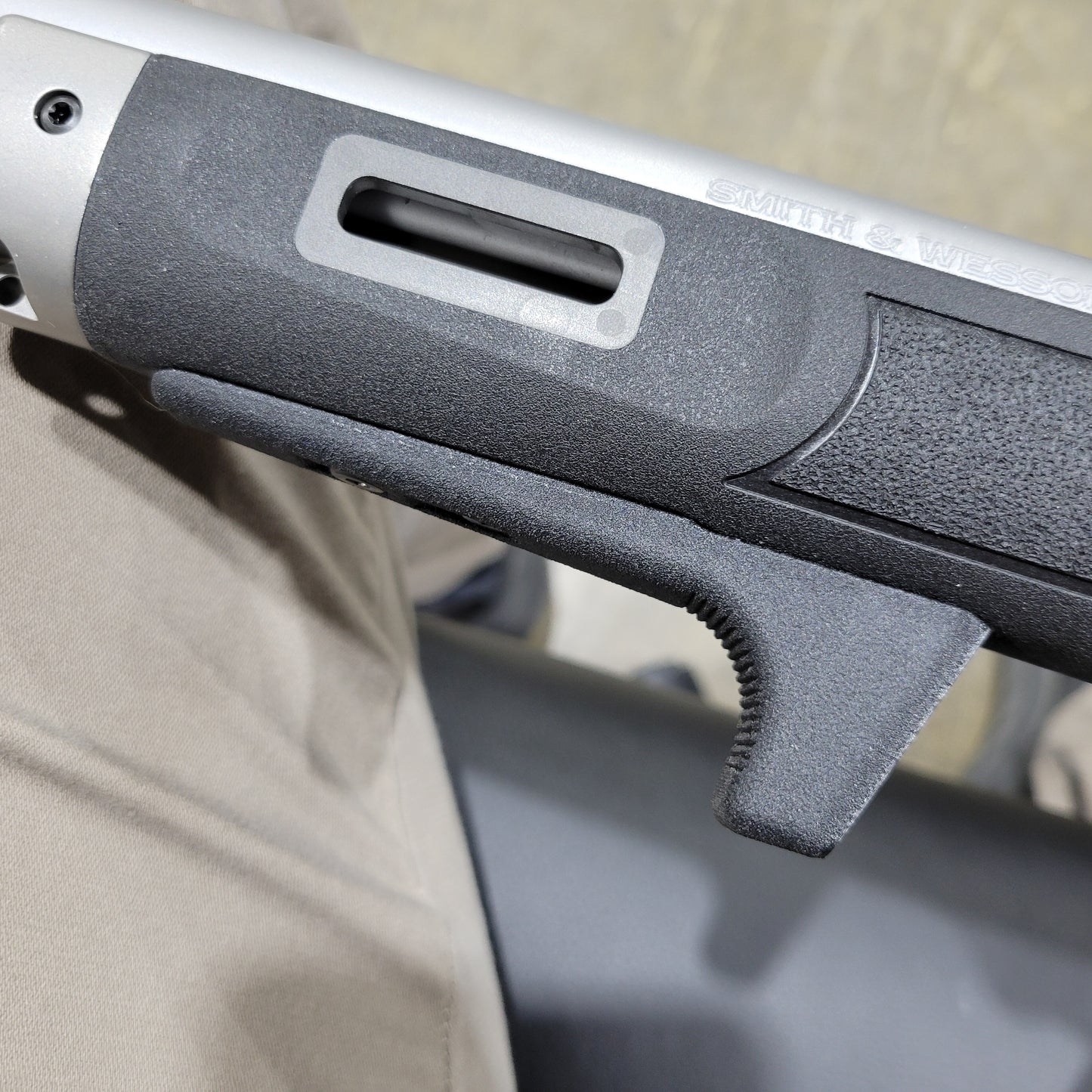 The 4Bros Smith & Wesson 1854 M-Lok Handstop for better rearward grip pressure, improving comfort & stability when shooting this 44 magnum lever action rifle.