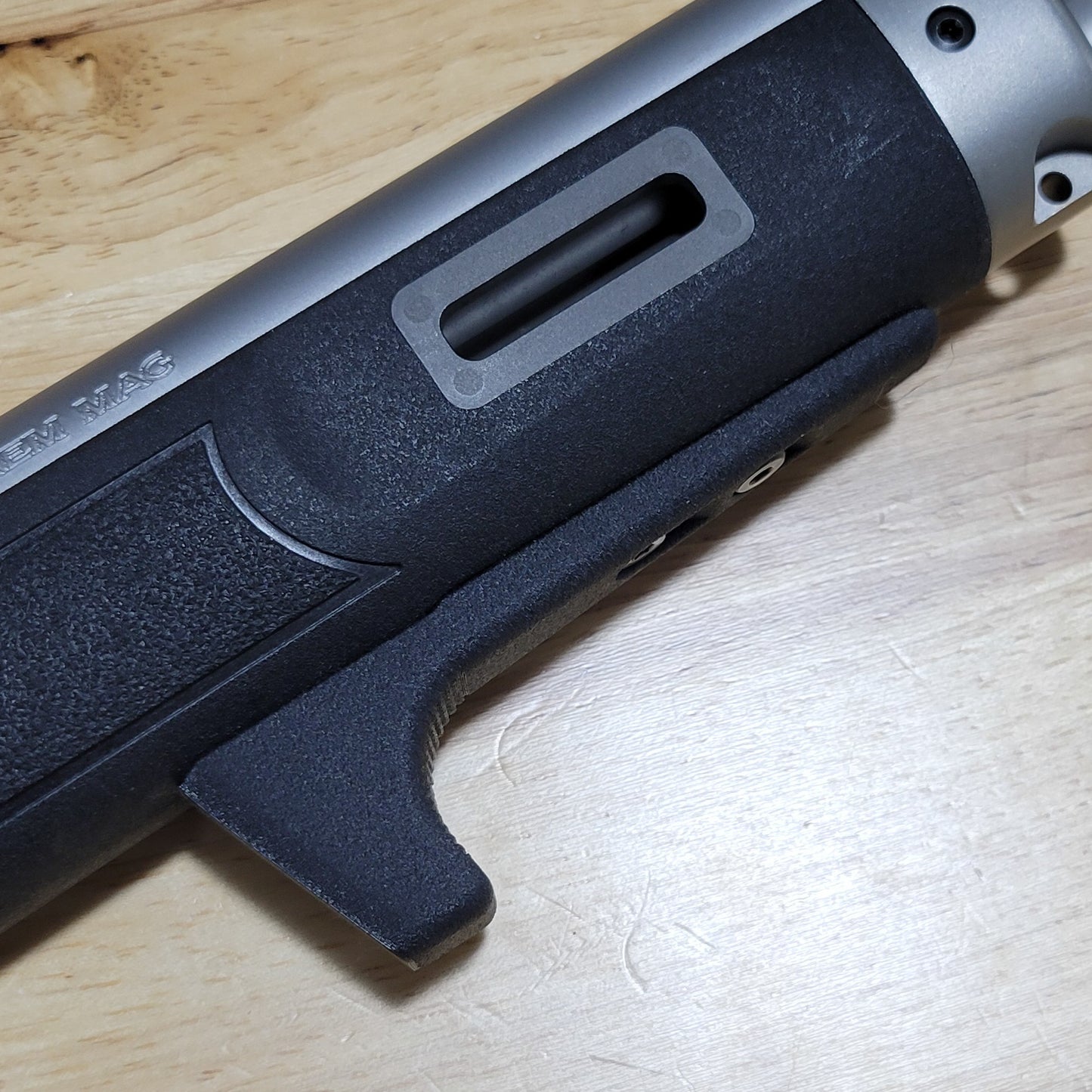 The 4Bros Smith & Wesson 1854 M-Lok Handstop for better rearward grip pressure, improving comfort & stability when shooting this 44 magnum lever action rifle.