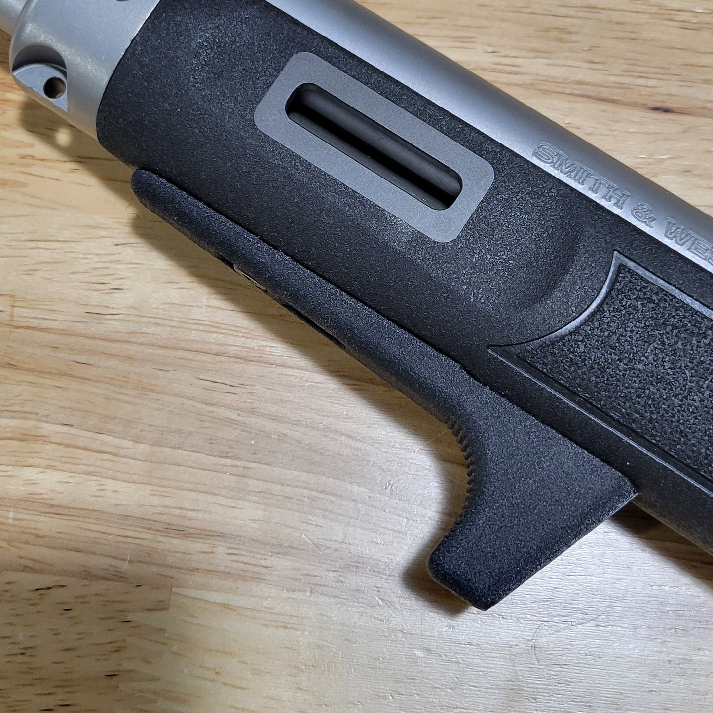 The 4Bros Smith & Wesson 1854 M-Lok Handstop for better rearward grip pressure, improving comfort & stability when shooting this 44 magnum lever action rifle.