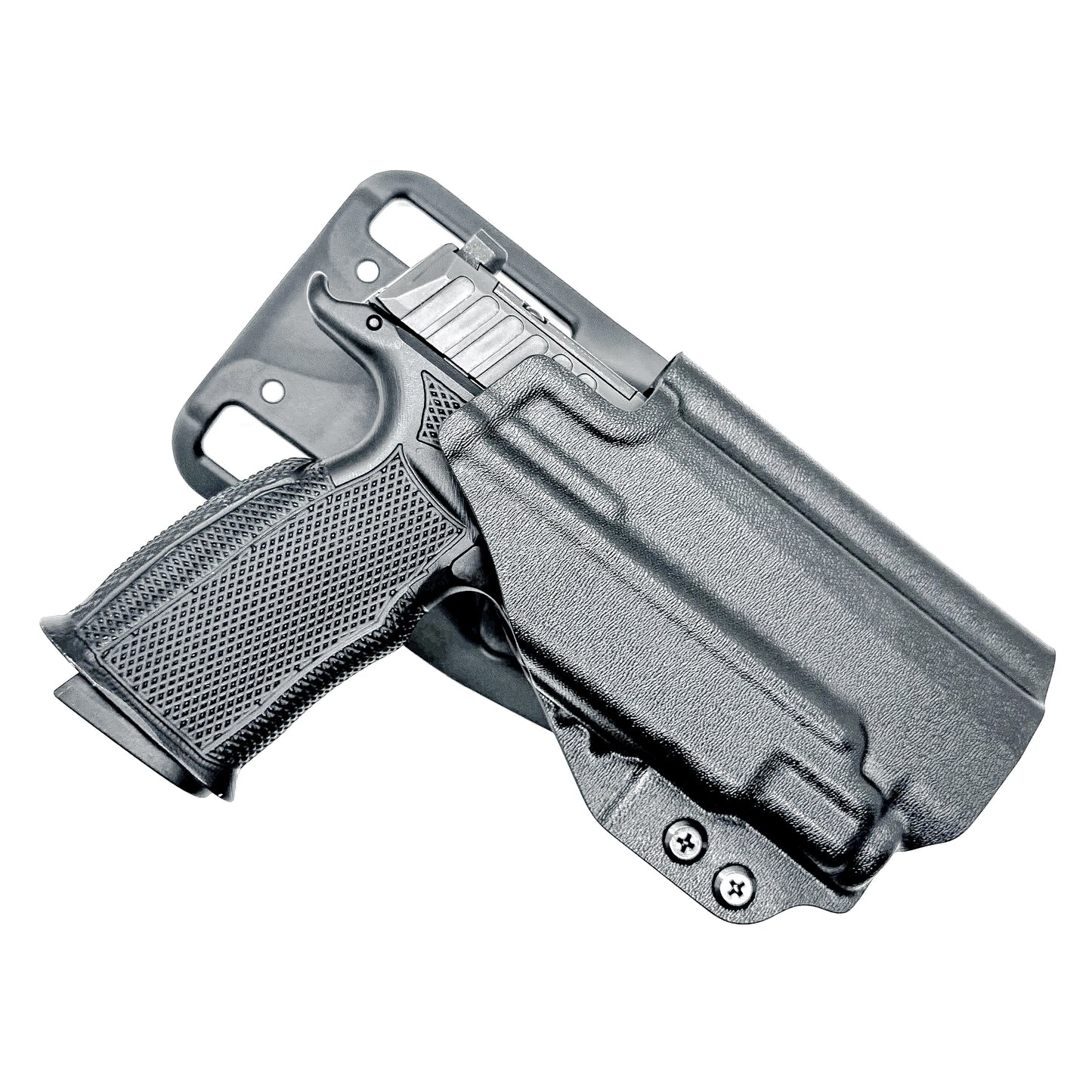Black duty and competition-style OWB holster for Sig Sauer P365-FUSE with Icarus Precision A.C.E. 365 MACRO Grip Module and Streamlight 1913 TLR-7 Sub light.