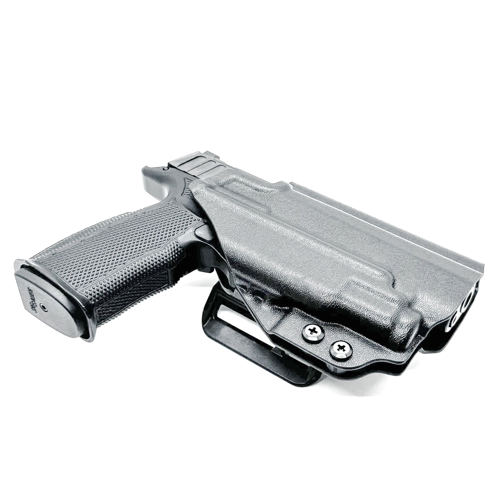 Black OWB holster for Sig Sauer P365-FUSE with Icarus Precision A.C.E. “X” MACRO or FUSE EVO grip module and Streamlight TLR-7 Sub series light.