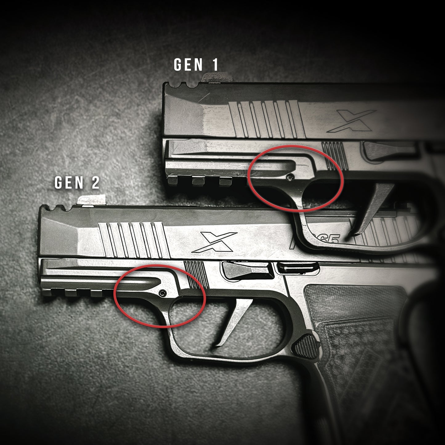 Sig P365-AXG Legion Gen 1 vs Gen 2 Dust cover differences shown from the side