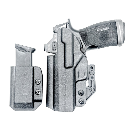 Sig P365-XMACRO IWB right-hand holster and matching magazine carrier in black.