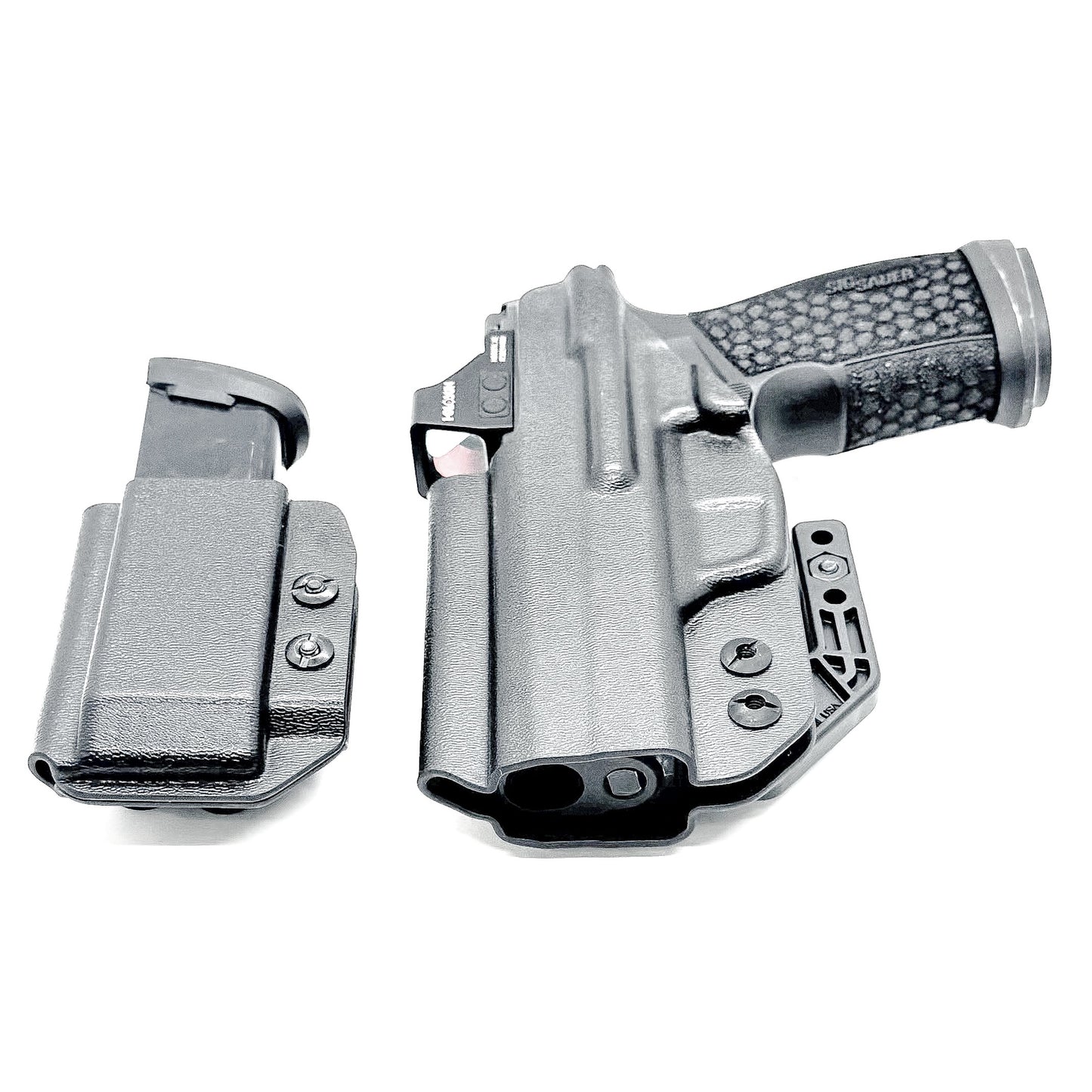 Sig P365-XMACRO IWB right-hand holster and matching magazine carrier in black.