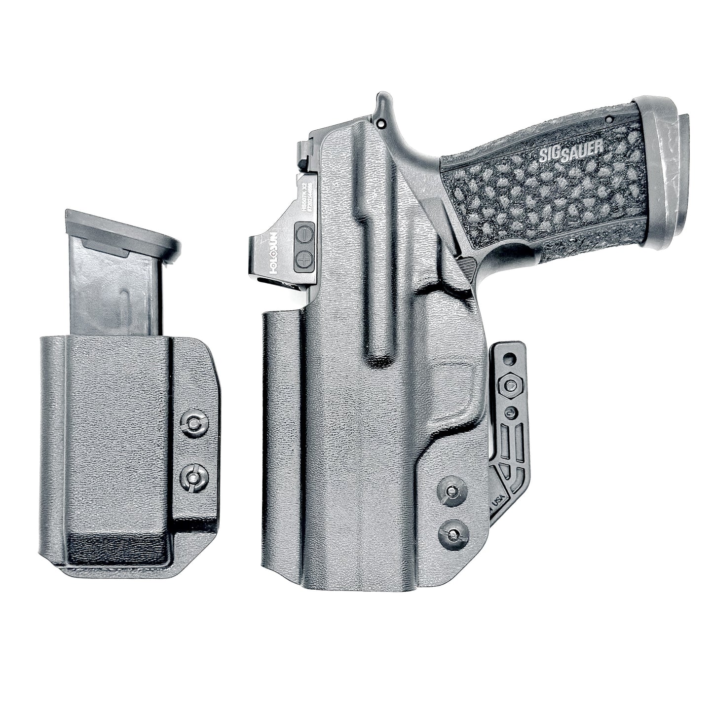 Sig P365-XMACRO IWB right-hand holster and matching magazine carrier in black.