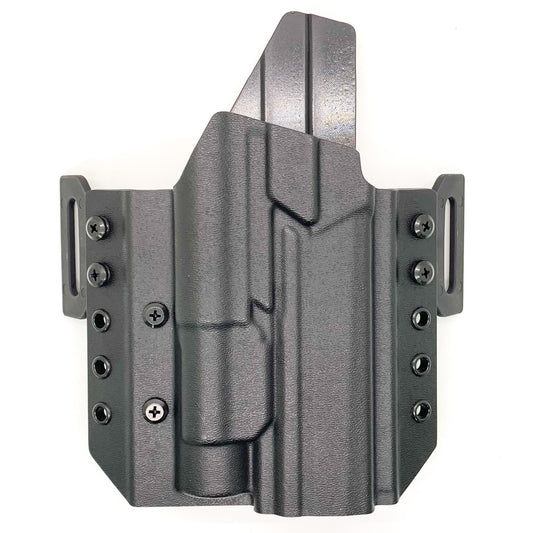 Outside Waistband Pancake Kydex holster designed to fit the Sig Sauer 10MM P320-XTEN and Streamlight TLR-1 HL. Adjustable retention, open muzzle, optic ready.