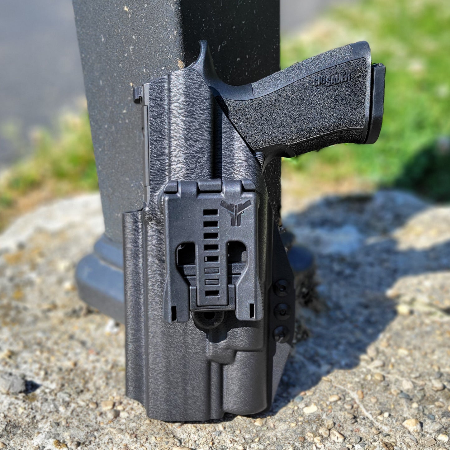 For the best OWB holster designed for the Sig Sauer 10MM P320-XTEN with the Surefire X-300UA or B & Align Tactical Thumb Rest, shop Four Brothers Holsters.