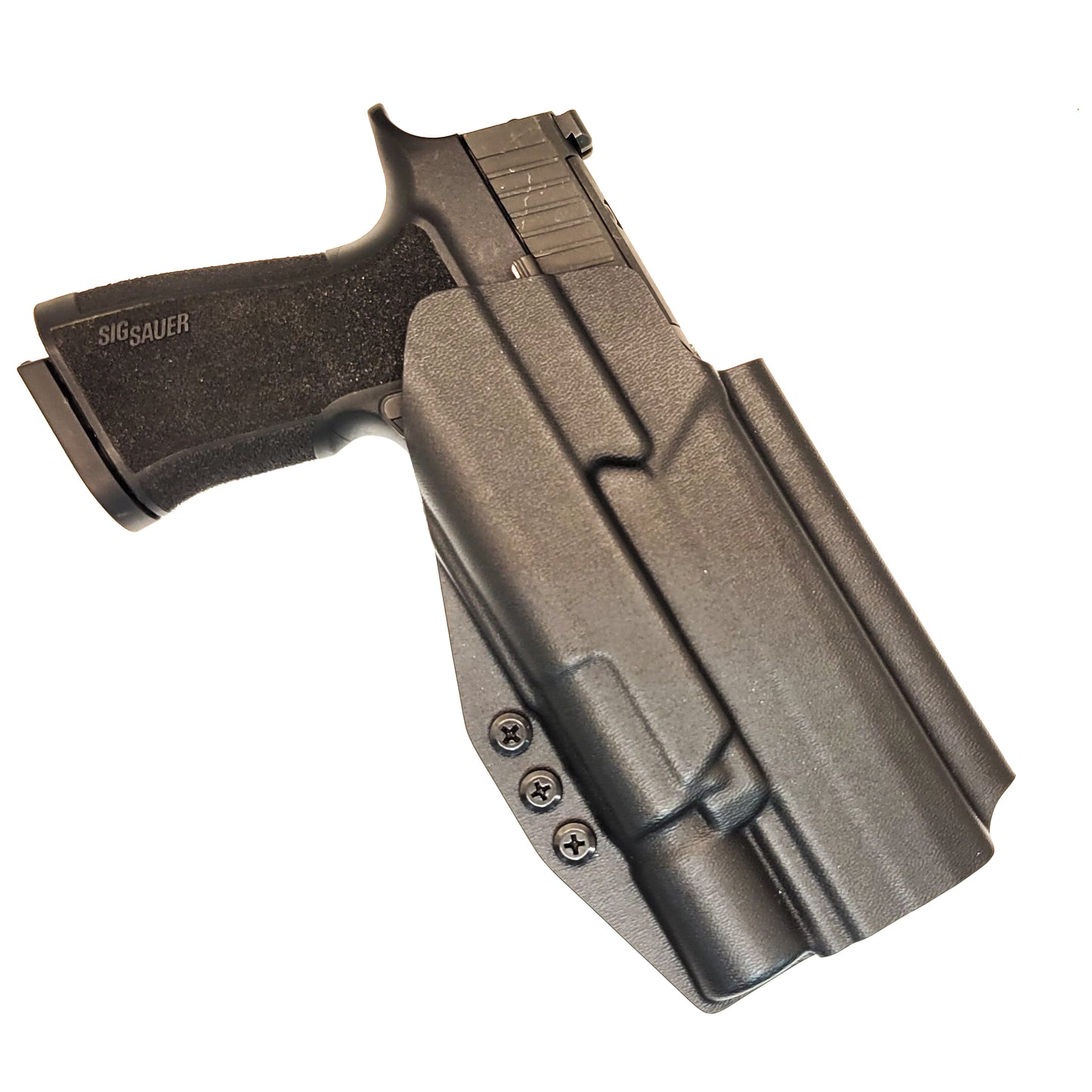 For the best OWB holster designed for the Sig Sauer 10MM P320-XTEN with the Surefire X-300UA or B & Align Tactical Thumb Rest, shop Four Brothers Holsters.