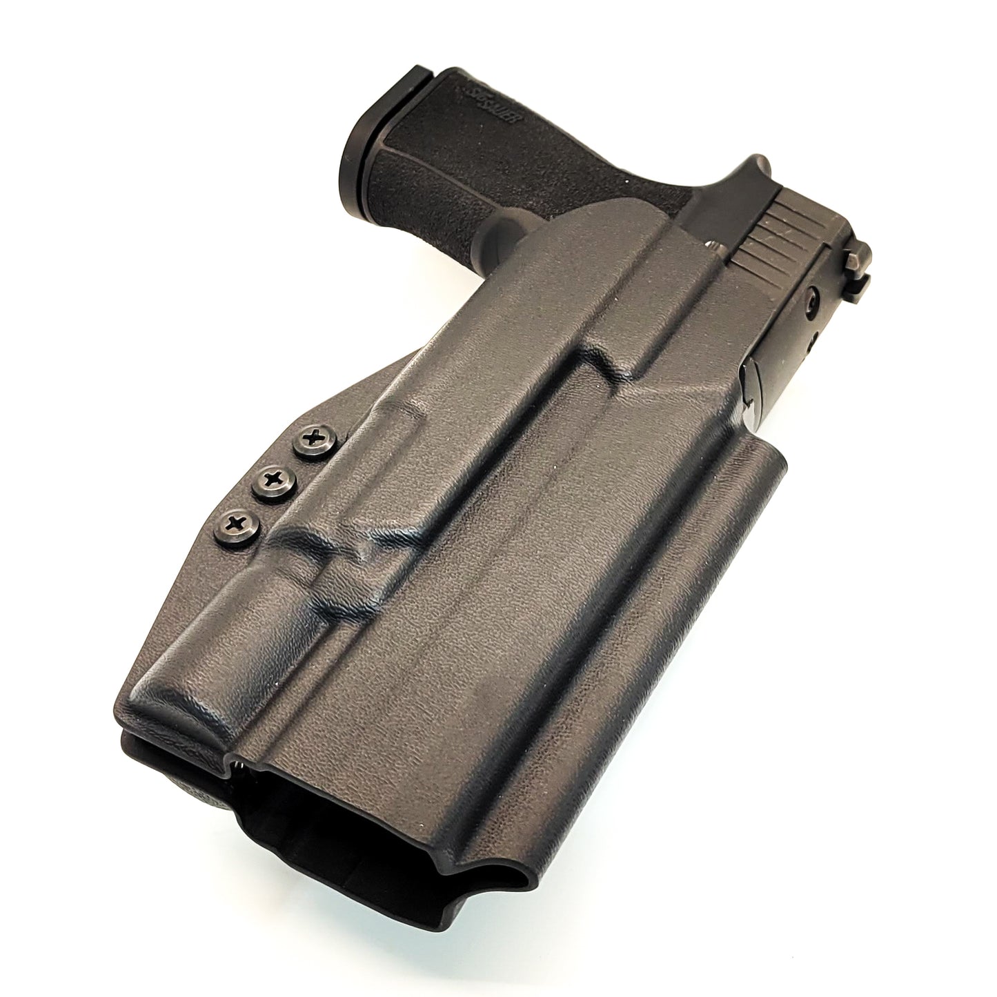 For the best OWB holster designed for the Sig Sauer 10MM P320-XTEN with the Surefire X-300UA or B & Align Tactical Thumb Rest, shop Four Brothers Holsters.