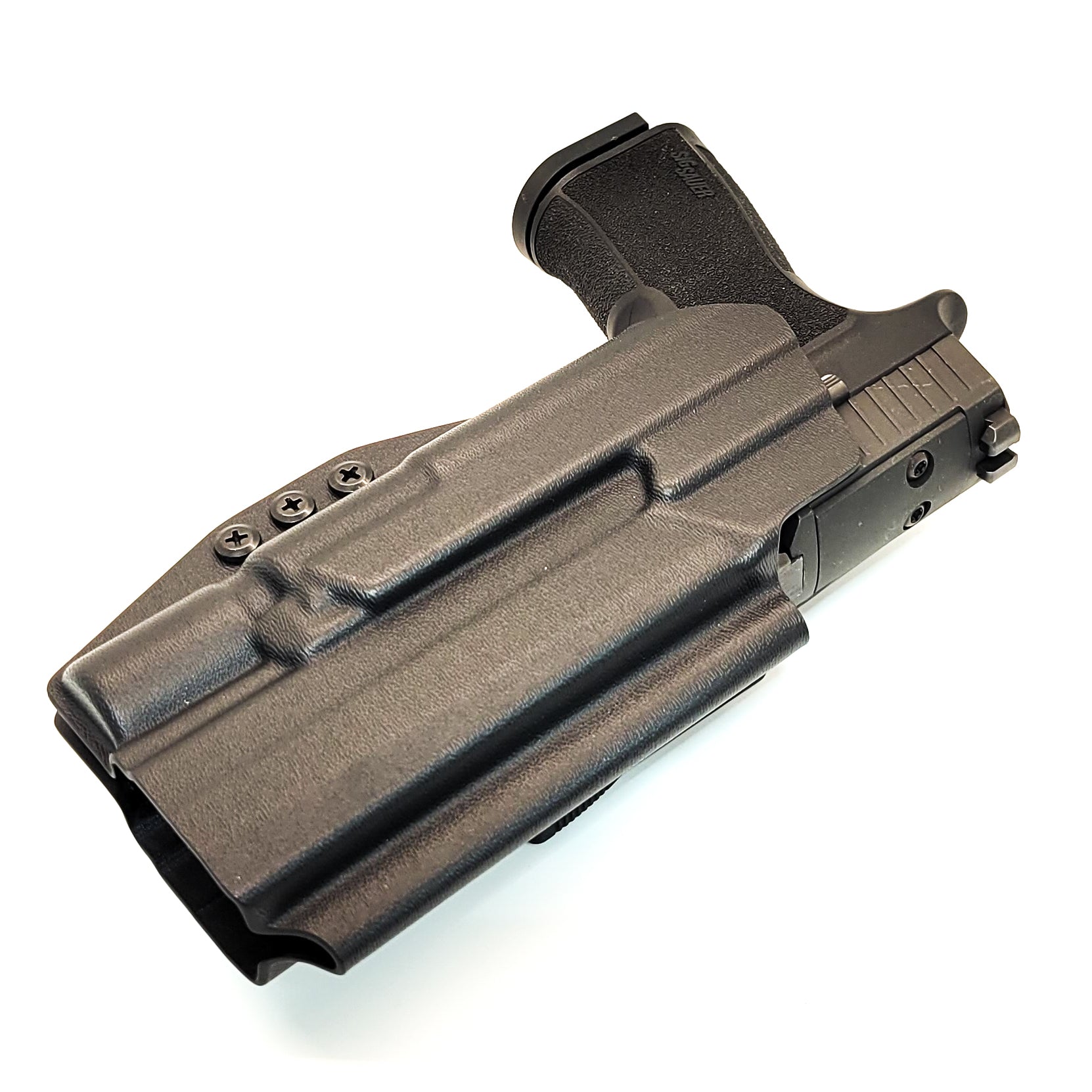 For the best OWB holster designed for the Sig Sauer 10MM P320-XTEN with the Surefire X-300UA or B & Align Tactical Thumb Rest, shop Four Brothers Holsters.